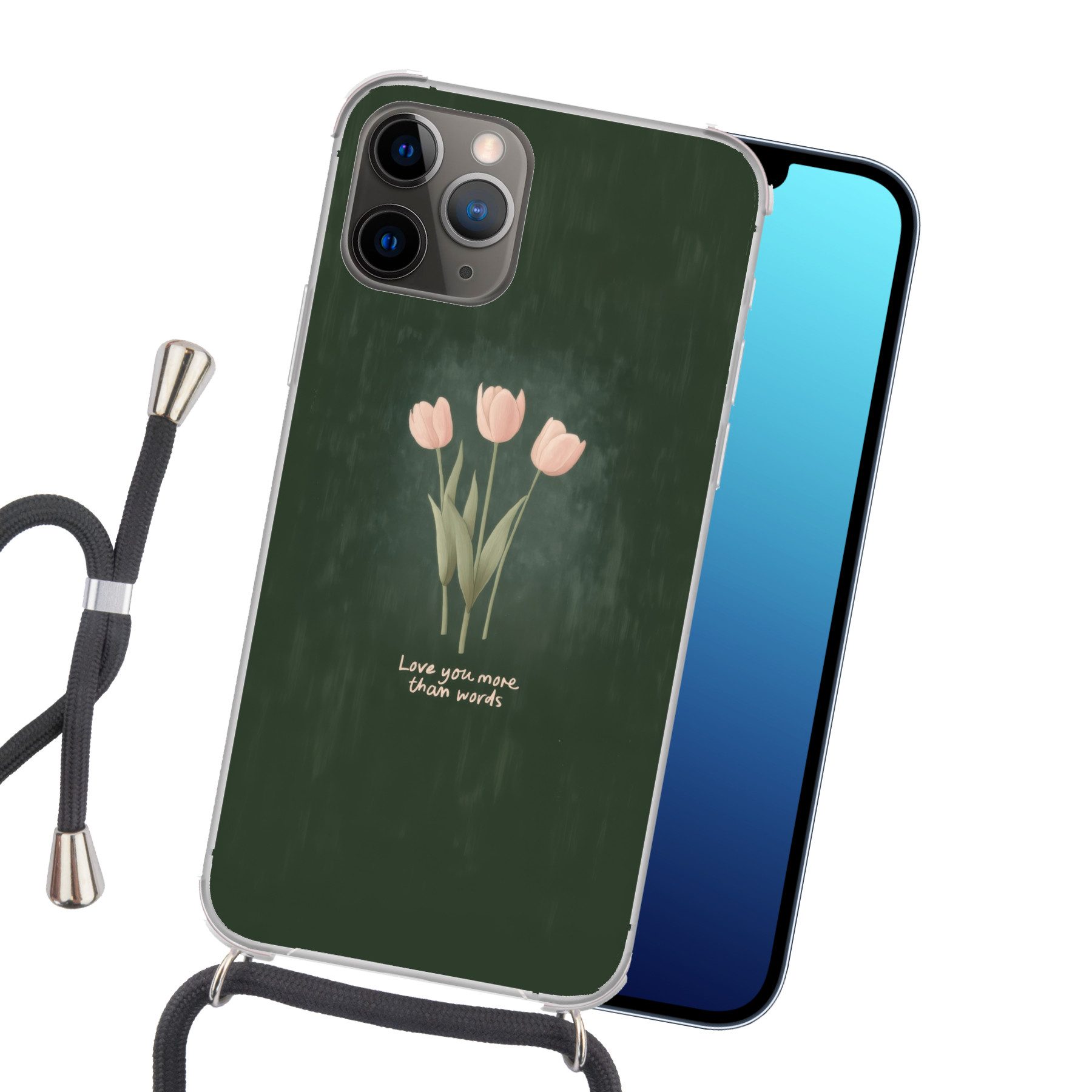MuchoWow Handyhülle für Apple iPhone 13 Pro Max Tulpen - Rosa - Text - Liebe, Tragbare Handyhüllen mit Kette zum umhängen, Handykette Handyband