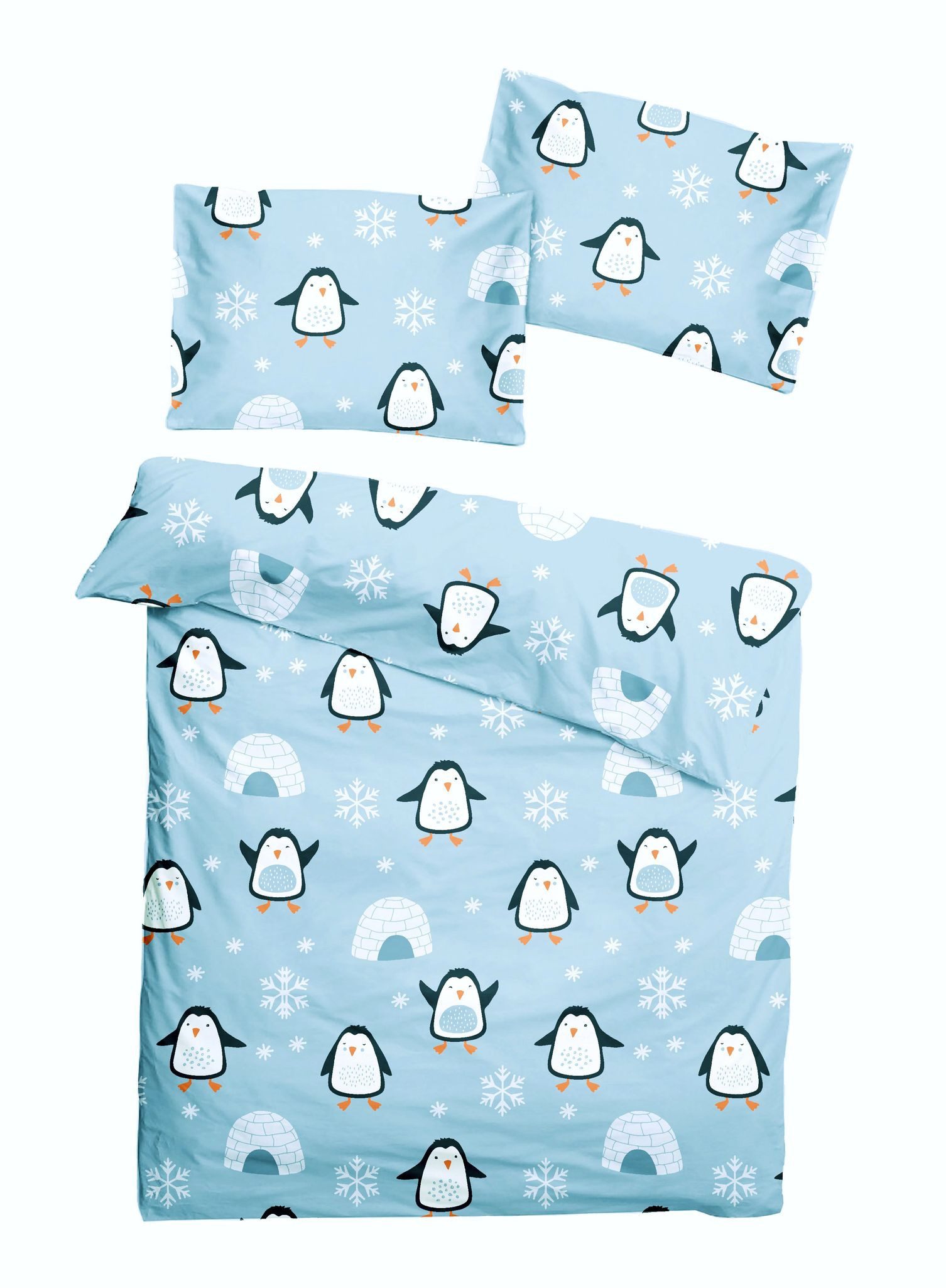 JACK Babybettwäsche 100x135cm Pinguin Iglu Nordpol Blau, Biber, 2 teilig, süßes Kindermotiv mit Pinguinen, mit Reißverschluss