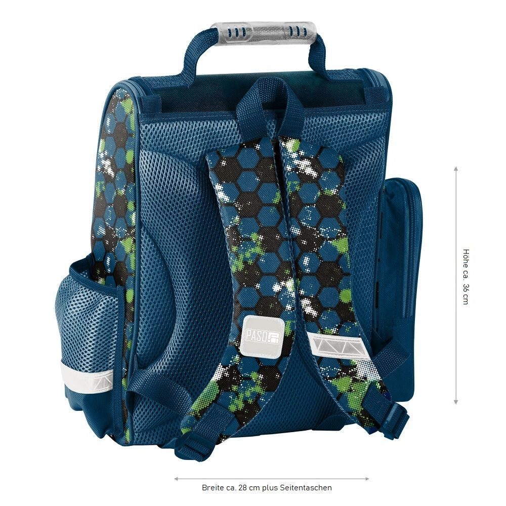 Familando Schulranzen Fußball Schulranzen für Jungen1. bis 3. Klasse - 1kG - 15 L Volumen (Set, 9-tlg., inkl. Federmäppchen (gefüllt) und Sporttasche), Reißverschluss-Hauptfach, Reflektoren auf allen Seiten