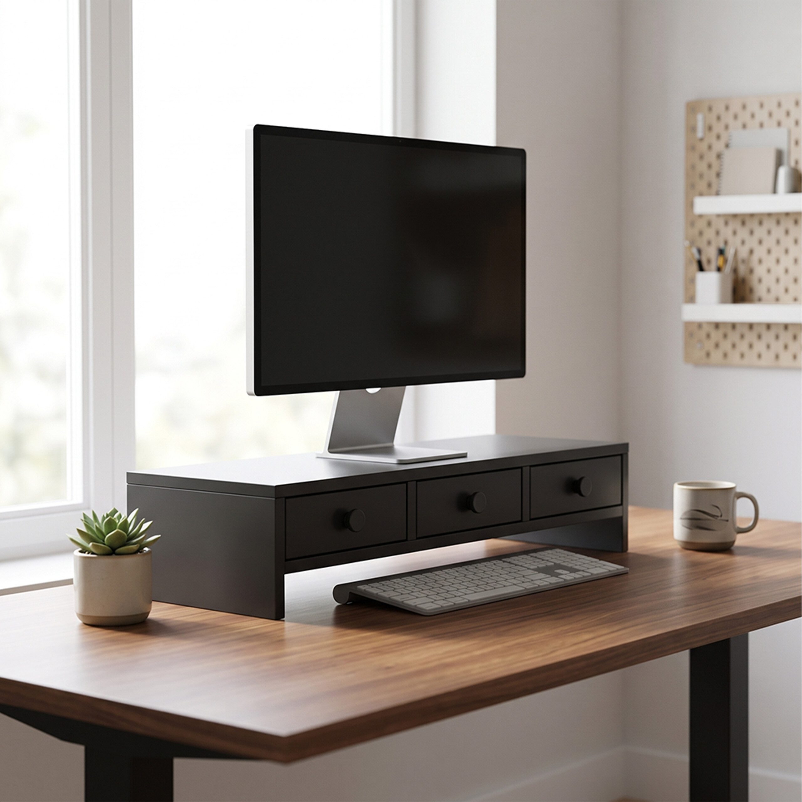 relaxdays Monitorständer mit 3 Schubladen, (1-tlg., schwarz) – Bild 2 von 5