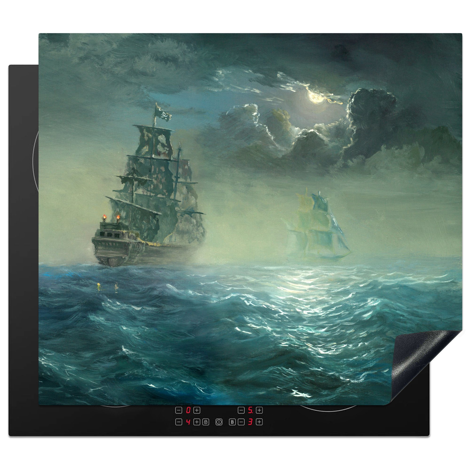 MuchoWow Herdblende-/Abdeckplatte Illustration von zwei Segelschiffen auf dem Wasser, Vinyl, (1 tlg), 60x52 cm, Mobile Arbeitsfläche nutzbar, Ceranfeldabdeckung