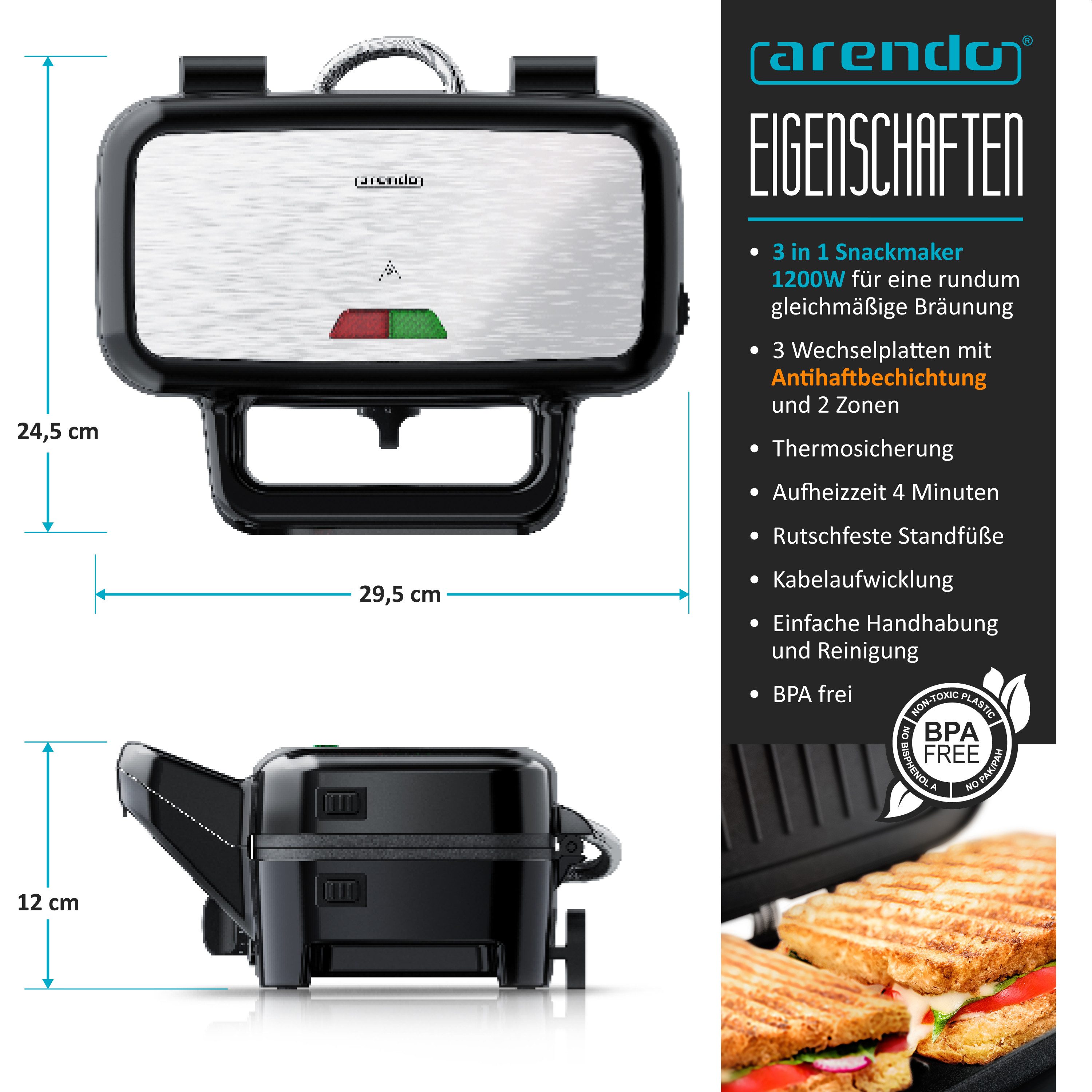 Arendo 3-in-1-Sandwichmaker Waffeleisen & Kontaktgrill, Antihaftbeschichtete abnehmbare Platten