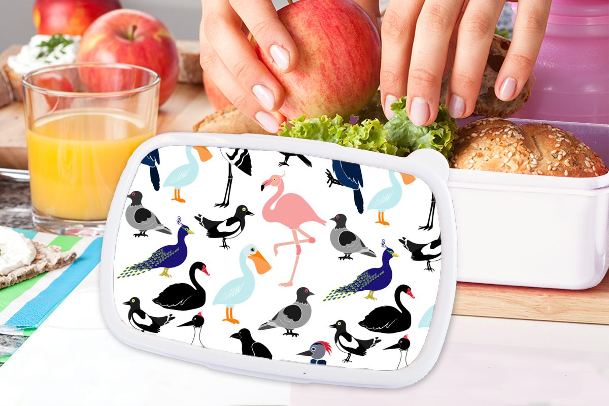Jungs für für Brotdose, und - und weiß (2-tlg), MuchoWow Erwachsene, Mädchen Vogel Kunststoff, - Flamingo, Kinder Brotbox Lunchbox Muster