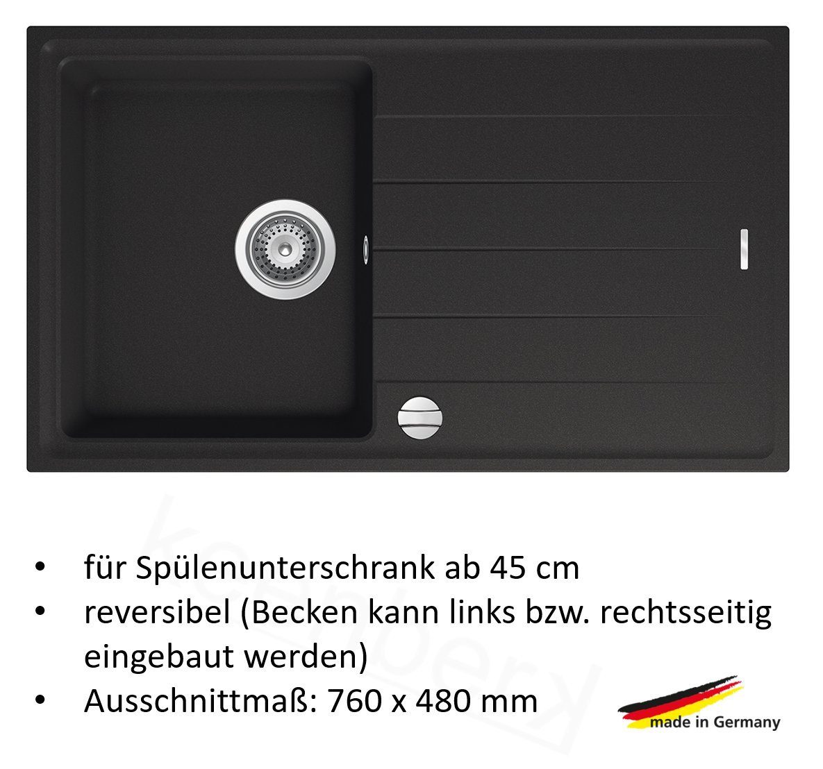 Victory Granitspüle Granitspüle Victory S780.20 - black, ab 45er Unterschrank, 78 x 50 cm