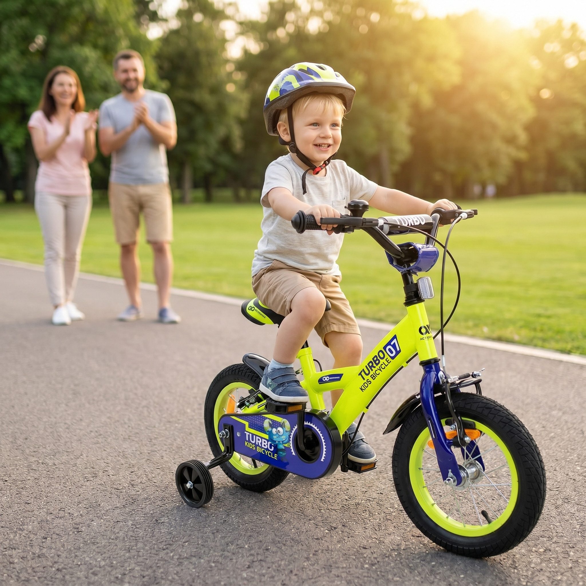 Actionbikes Motors Kinderfahrrad Kinder Fahrrad Turbo mit Stützräder, 1 Gang, ohne Schaltung, (12 Zoll, ab 95 cm Körpergröße, max. Zuladung 35 kg, Stützräder, Reflektoren, Antirutschgriffe, Lenkerschutz, Kettenschutz, V-Brake-Bremse, Luftbereifung, Schutzbleche, gelb / blau), höhenverstellbares Bike Jungen Mädchen Kinderrad ab 2 Jahre