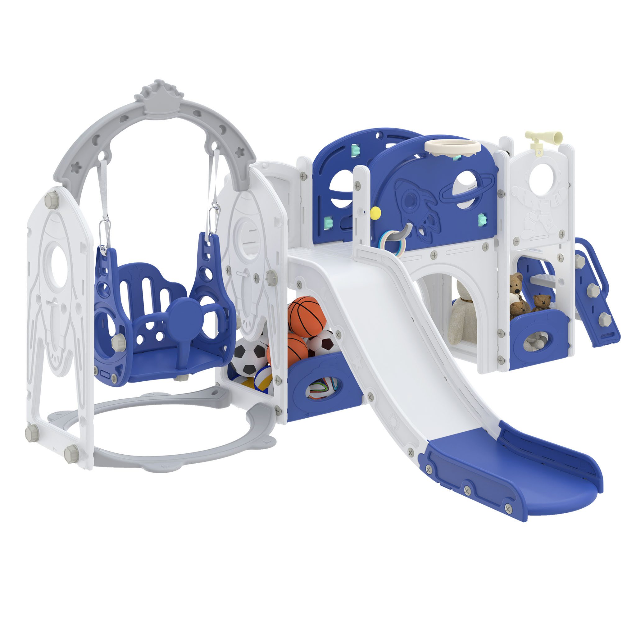 FIVMEN Rutsche 9-in-1 Kinderrutsche für Kleinkinder ab 1 Jahr, Indoor und Outdoor, (Freistehende Rutsche aus HDPE & PP, mit Schaukel, Kletterleiter, Tunnel, Stauraum, Basketballkorb und Spielteleskop)