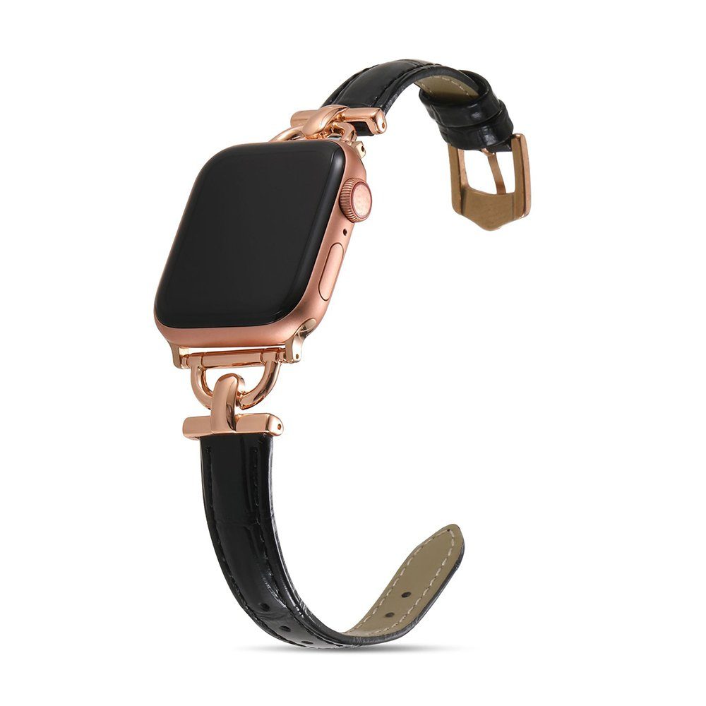 GelldG Uhrenarmband Leder Armband Kompatibel mit Apple Watch Armband, Schlank Armband schwarz/roségold | Uhrenarmbänder