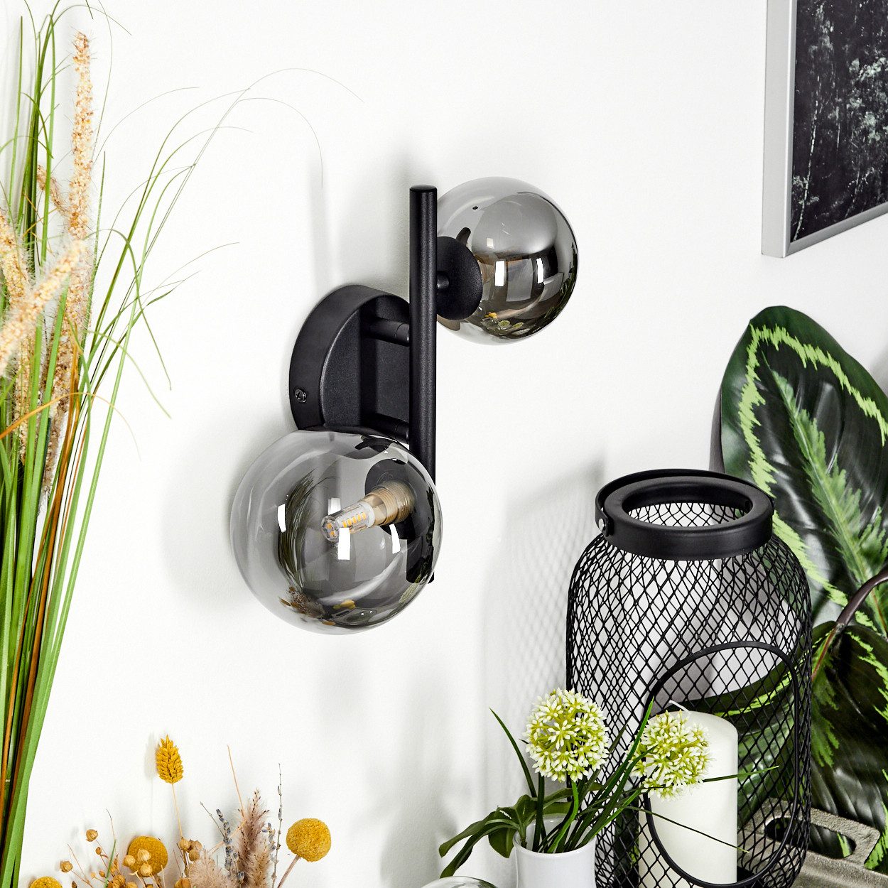 hofstein Wandleuchte »Isorella« moderne Wandlampe aus Metall/Glas in Schwarz/Rauchfarben, ohne Leuchtmittel, 3000 Kelvin, Retro/Vintage Leuchte mit Schirmen aus Rauchglas (10/12, 5cm), 2xG9