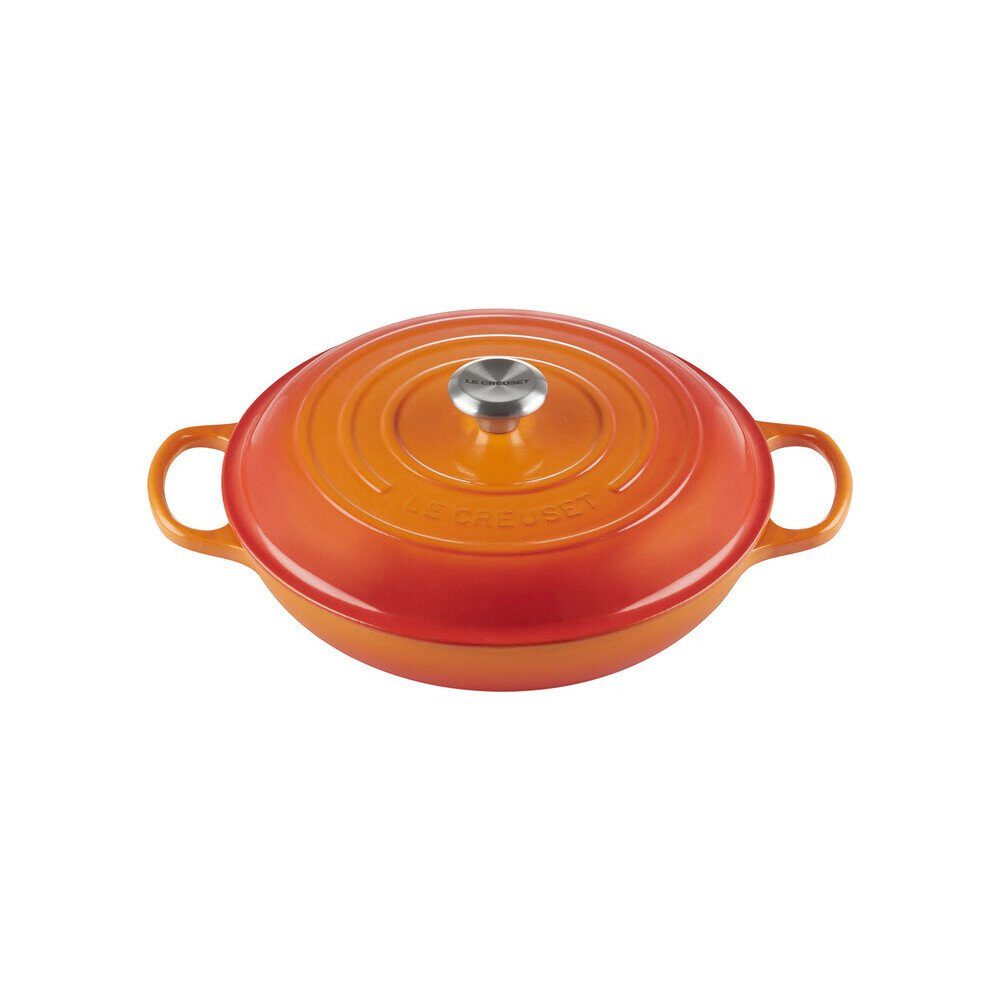 LE CREUSET Bräter Gourmet-Profitopf mit Deckel 30 cm Signature Ofenrot, Emailliertes Gusseisen, flacher Schmortopf, Cocotte, Servierpfanne, ca. 3-4 Pers., Ø30cm, rot
