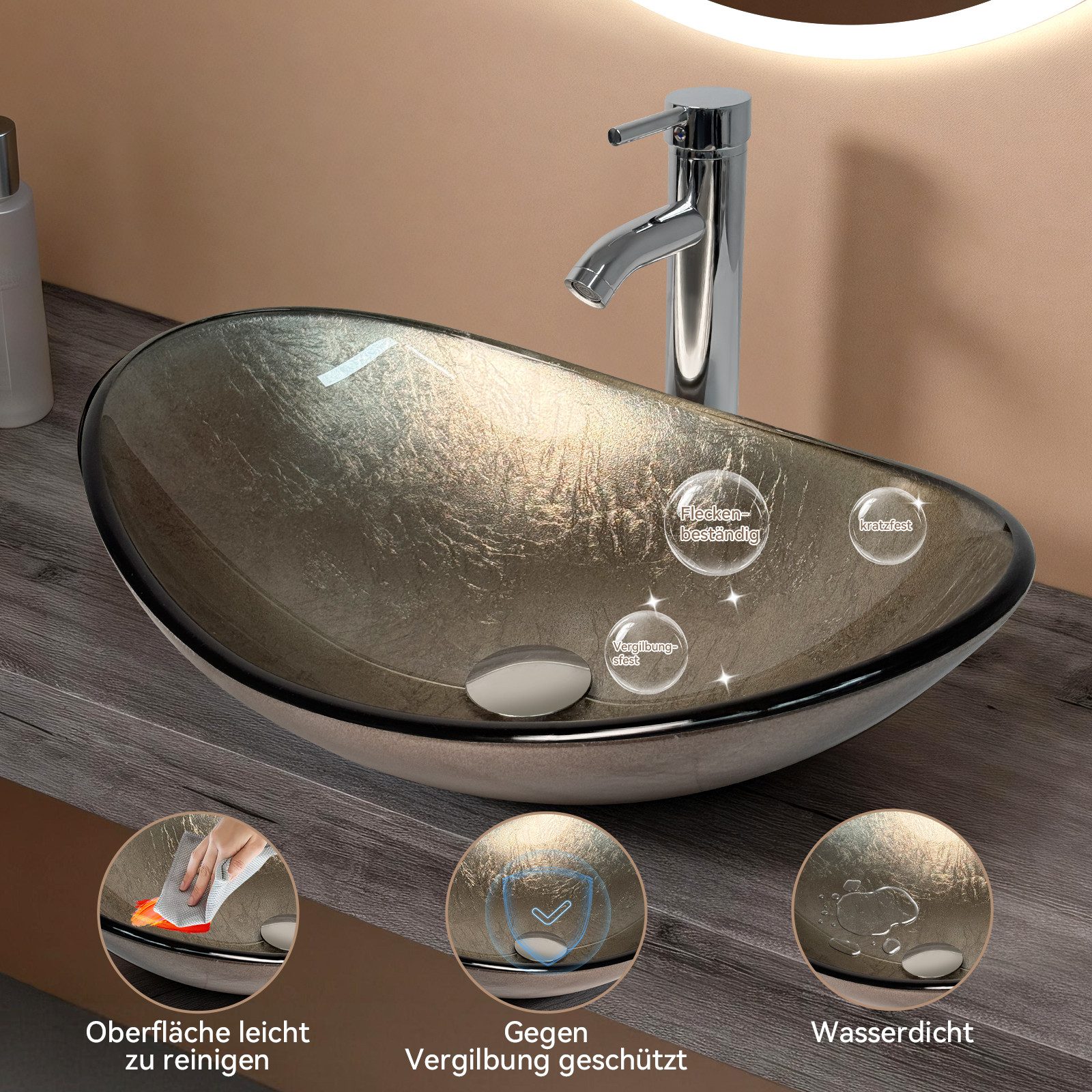 Puluomis Aufsatzwaschbecken Waschbecken Set mit Wasserhahn und Ablaufgarnitur Oval, Handgezeichnet Waschschale, Waschplätze für Badezimmer Küche WC
