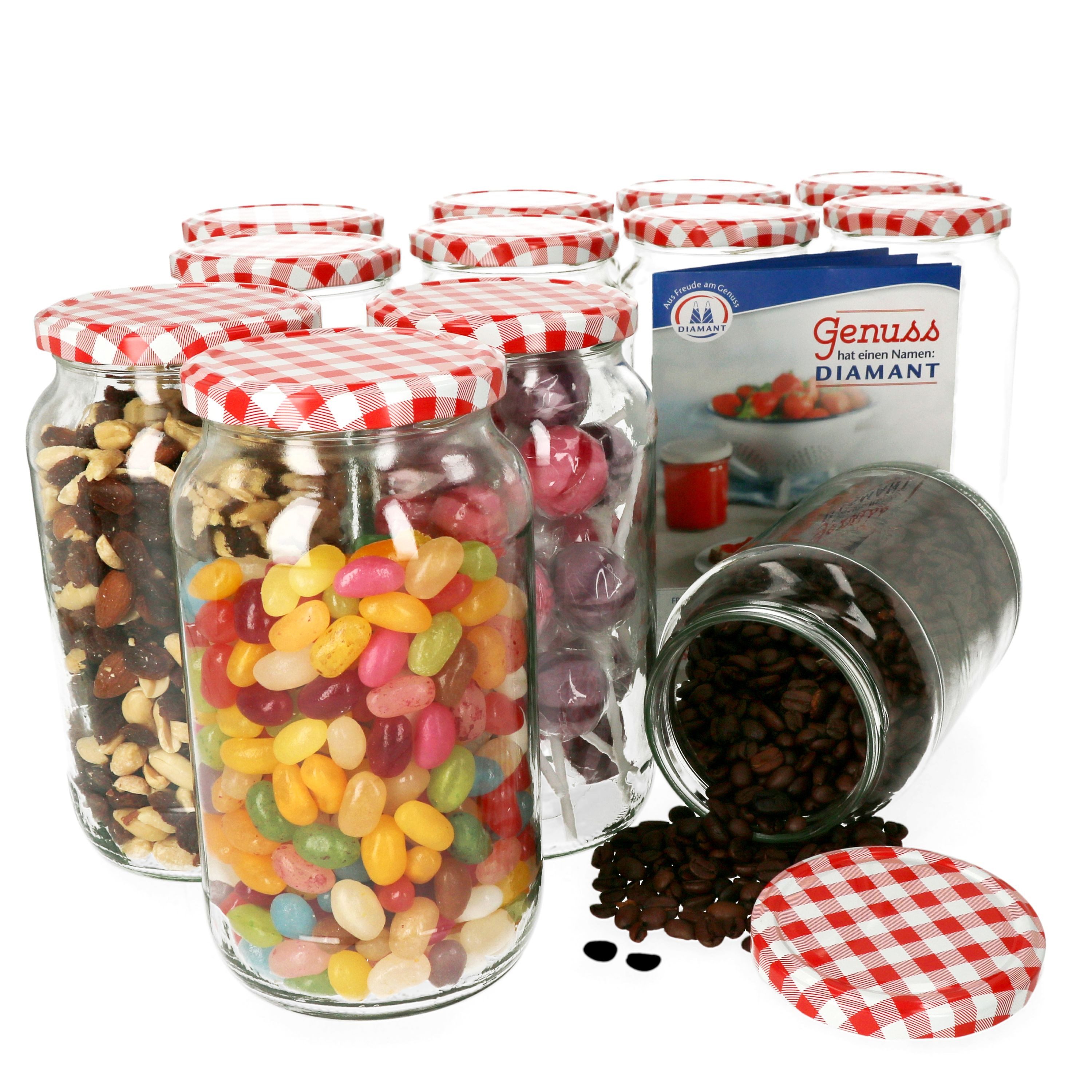 MamboCat Einmachglas 12er Set Rundglas 1062 ml To 82 rot karierter Deckel incl. Rezeptheft, Glas