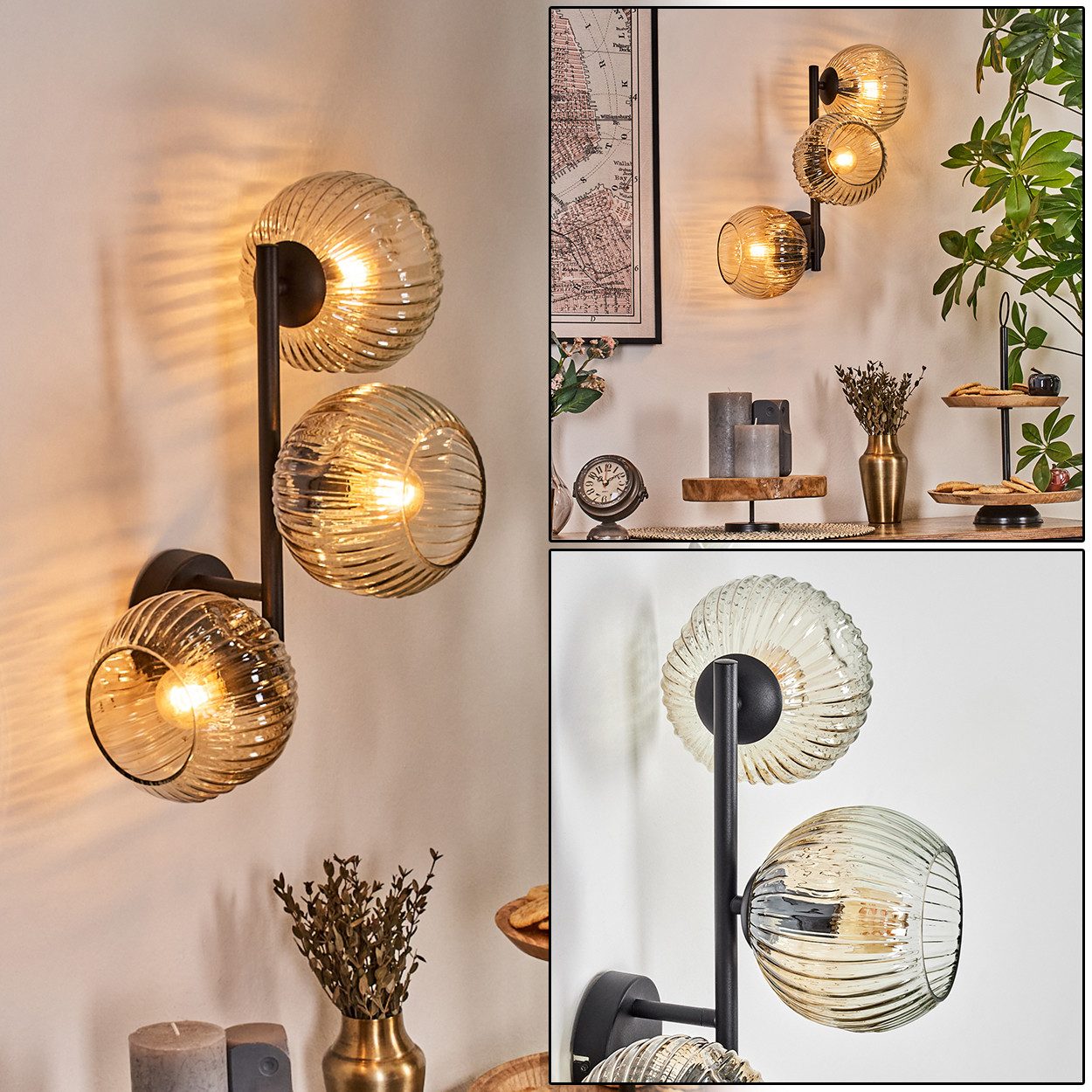 hofstein Wandleuchte Wandlampe aus Metall/Riffelglas in Schwarz/Bernstein/Klar, Leuchte im Retro/Vintage-Design (Schirme Ø 15 cm), E14, Wohnzimmer