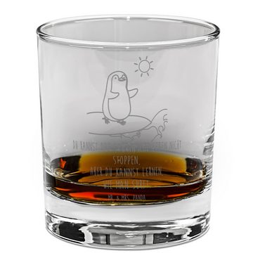 Mr. & Mrs. Panda Whiskyglas Pinguin Surfer - Transparent - Geschenk, Whiskey Glas mit Sprüchen, W, Premium Glas, Mit Liebe graviert