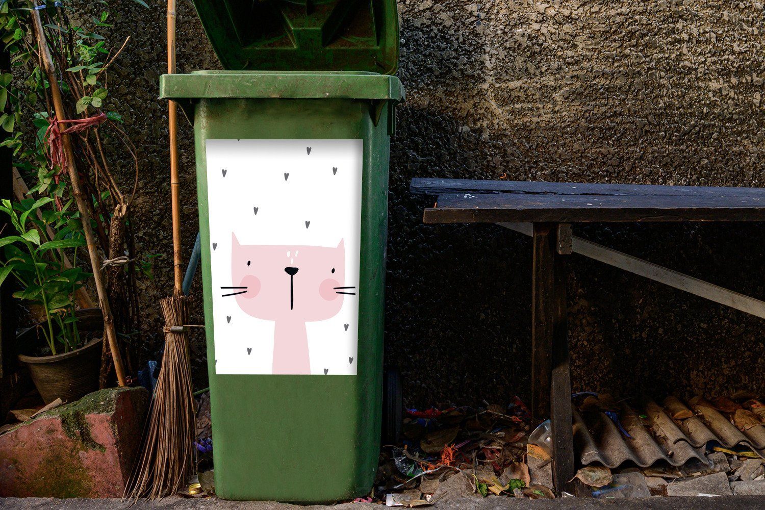 Kind Container, Herz - Wandsticker Sticker, Mülltonne, Katze Illustration - - MuchoWow St), Kinder (1 Rosa Abfalbehälter - Mülleimer-aufkleber, -