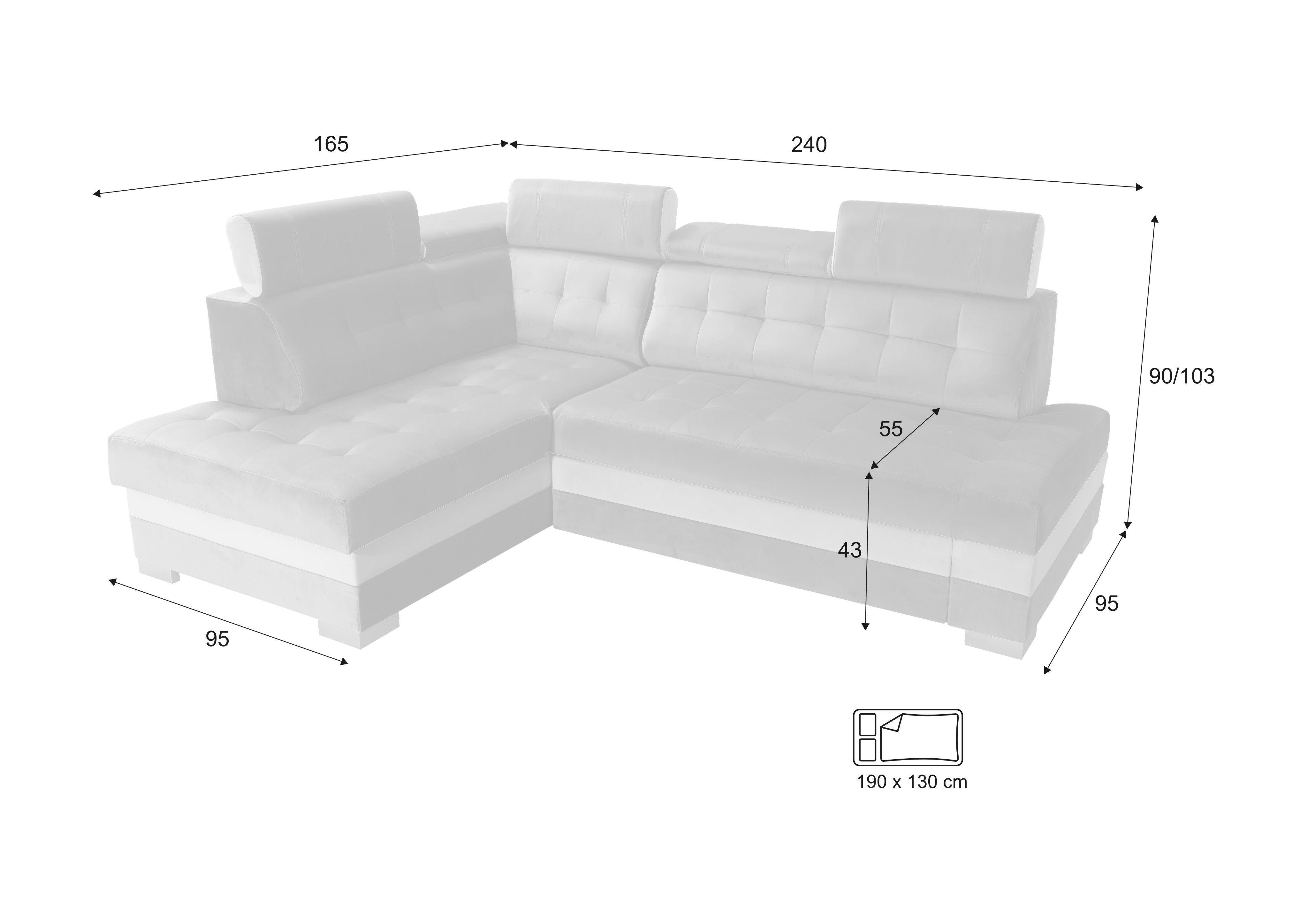 Schlaffunktion Paris AZUR-SILVER Kopfstützen Ecksofa: robin Ecksofa 5 verstellbare L-Form