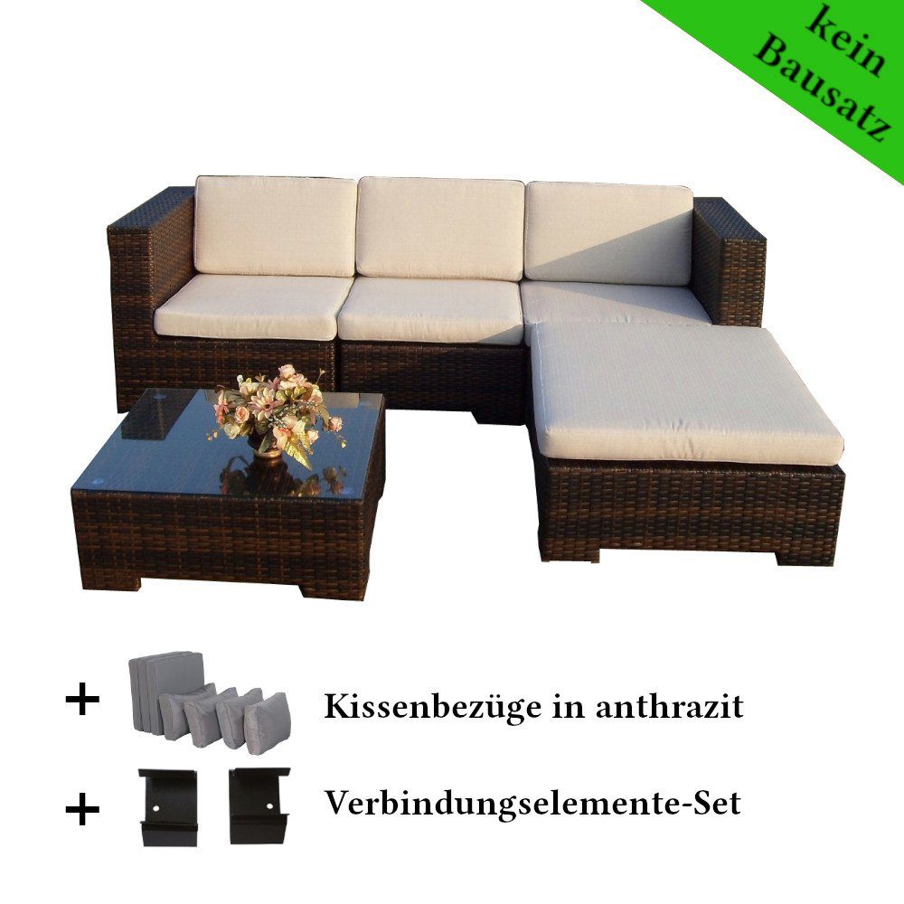 LinJa Gartenlounge-Set Poly Rattan Gartenmöbel California schwarz Alu Garnitur Lounge Garten, (Set)