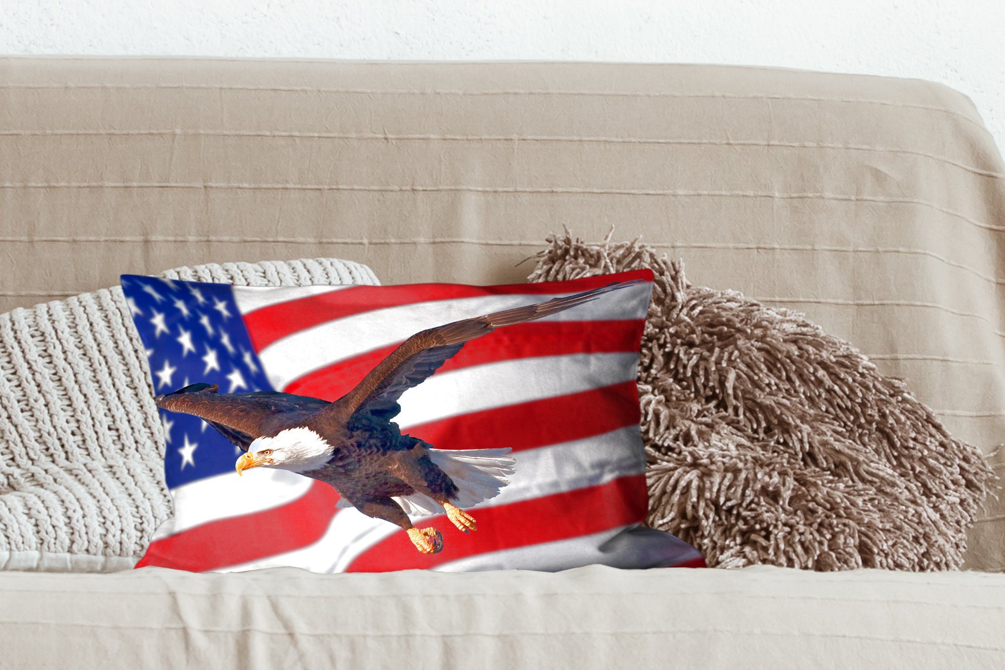 amerikanischen Dekokissen Wohzimmer Dekoration, MuchoWow vor der Füllung, Dekokissen Weißkopfseeadler Zierkissen, Schlafzimmer Amerikanischer Flagge, mit