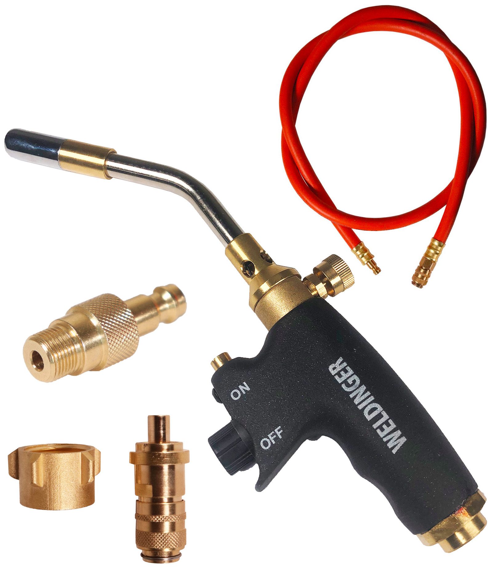 WELDINGER Lötlampe Lötfreund Piezo GA200 Pistolenbrenner/ 3 m Gasschlauch und Kupplungen, max. 800 °C, Gas, Gasregulierventil, Antiflare-System, Handgriff aus Alu-Druckguss