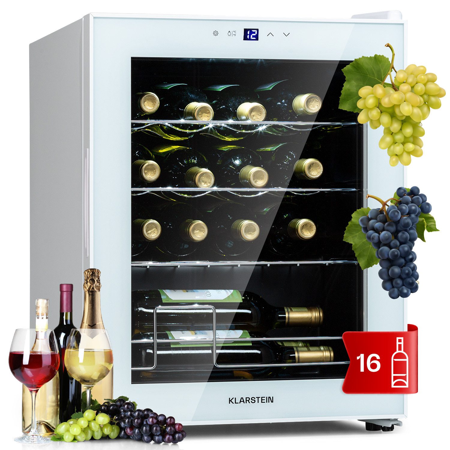 Klarstein Weinkühlschrank Shiraz 16 Quartz, für 16 Standardflaschen á 0,75l,Wein Flaschenkühlschrank Weintemperierschrank Weinschrank Kühlschrank