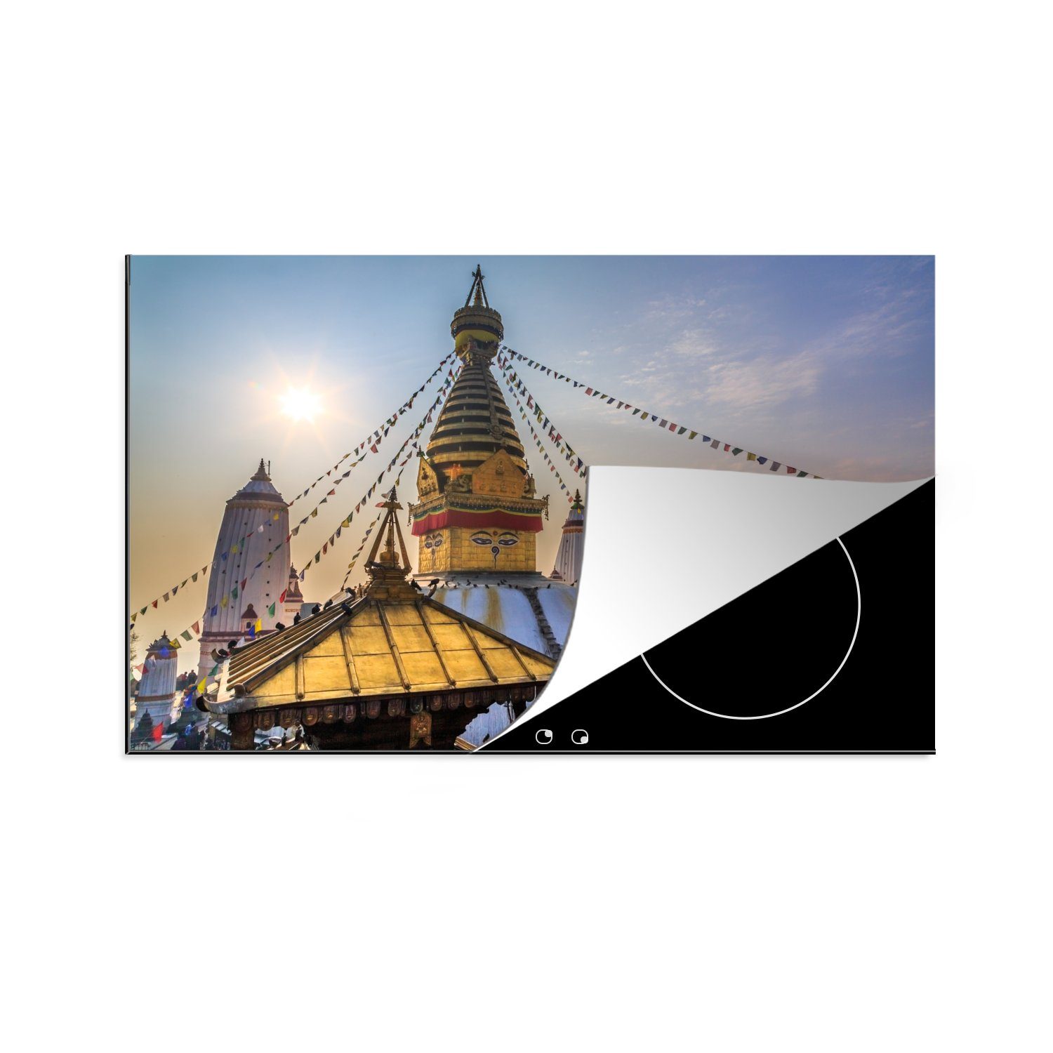 des Ceranfeldabdeckung in cm, Vinyl, tlg), die Foto 81x52 MuchoWow farbigem Swayambhunath-Tempels mit Schutz (1 Himmel, für Herdblende-/Abdeckplatte Nepal küche, Induktionskochfeld