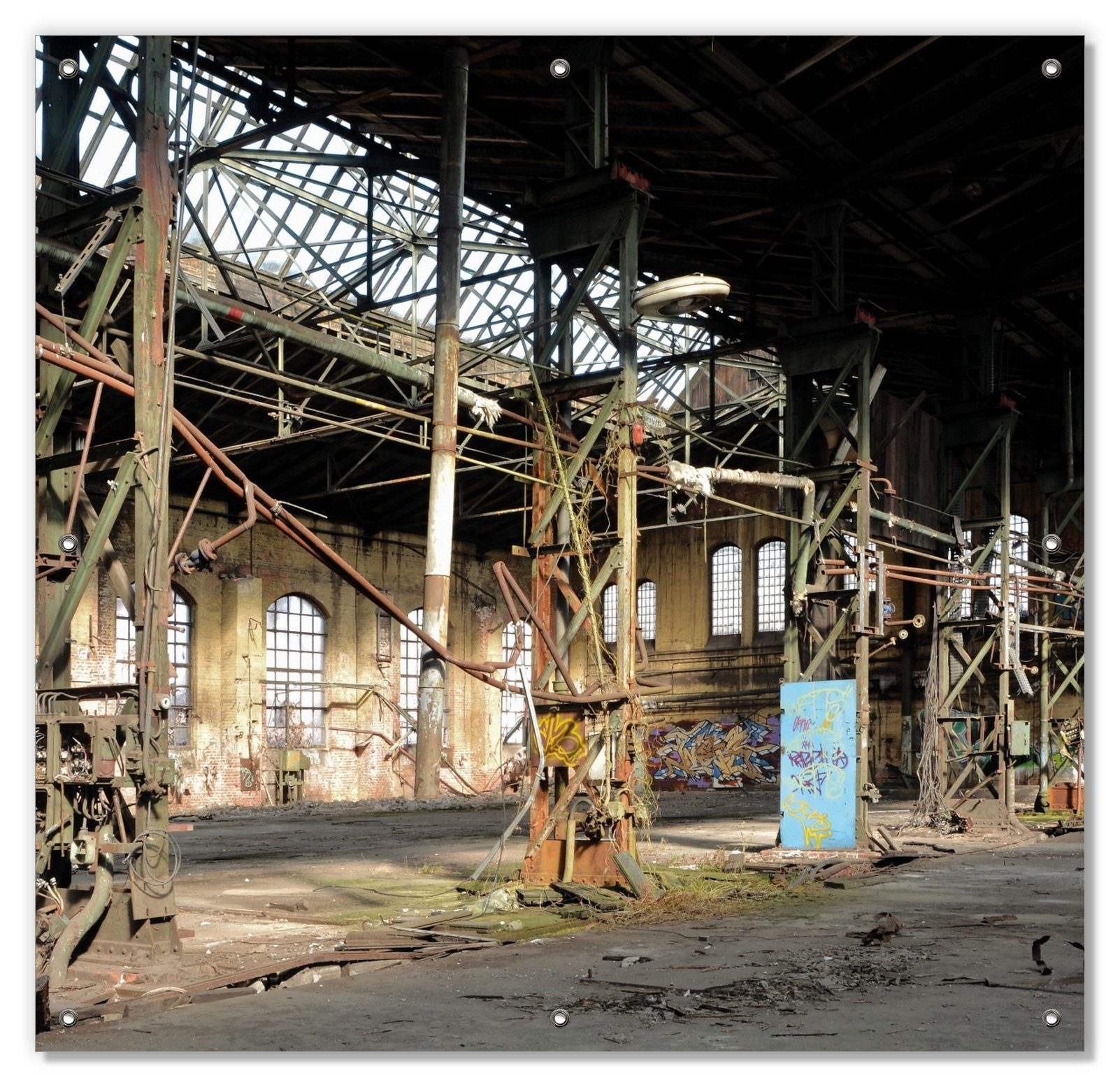 Sonnenschutz Verlassene Industriehalle - Alte Fabrik, Wallario, blickdicht, mit Saugnäpfen, wiederablösbar und wiederverwendbar