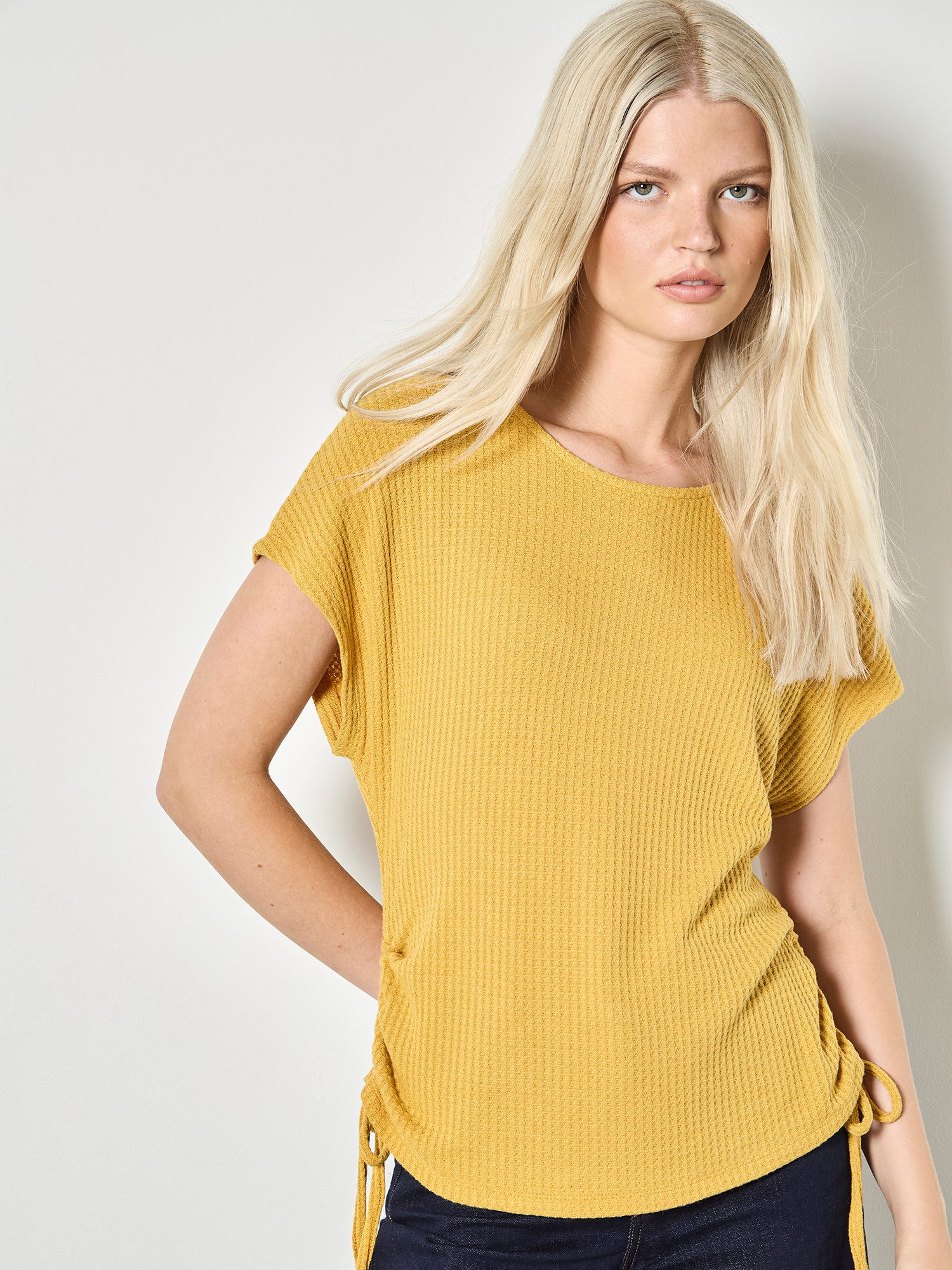 Apricot T-Shirt Waffelgestricktes gerafftes T-Shirt Einfarbig günstig online kaufen