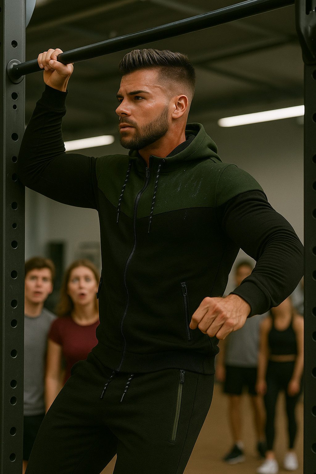 L.gonline Freizeitanzug Herren Jogginganzug, Freizeitanzug 984 Schwarz Oliv M (Kapuzenjacke mit Reißverschluss, Hose, 2-tlg), Fitness Freizeit Casual – Bild 2 von 5