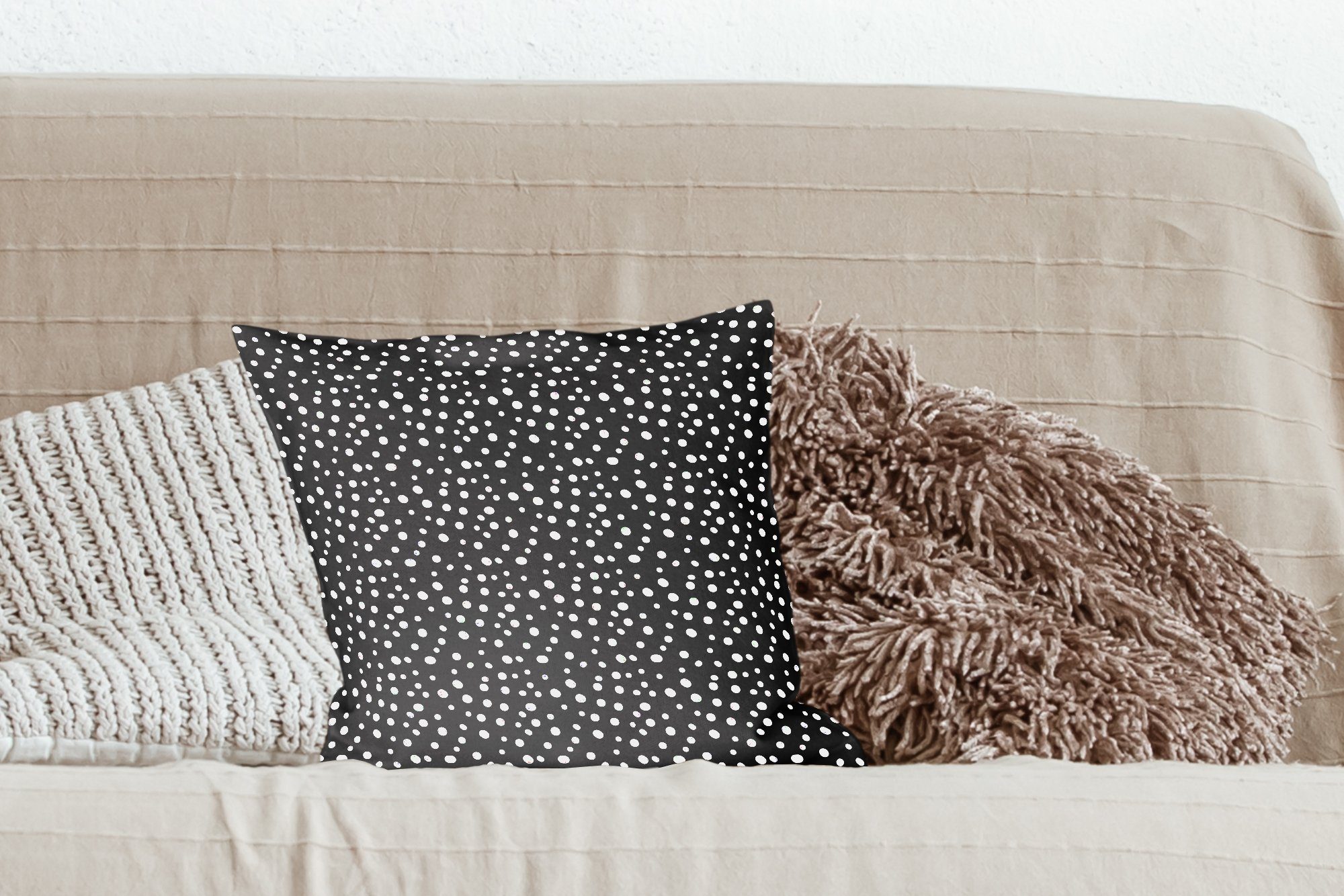 Design, Zierkissen dots Füllung Sofakissen Schwarz mit Wohzimmer, Schlafzimmer, - für Deko, - Dekokissen Weiß Polka - MuchoWow