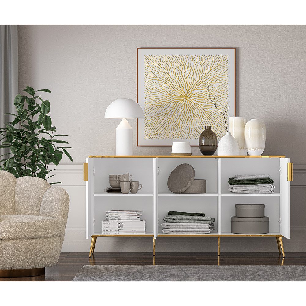 Lomadox Sideboard VLORA-131, Wohnzimmerschrank, 3-türig, weiß mit goldfarbi günstig online kaufen