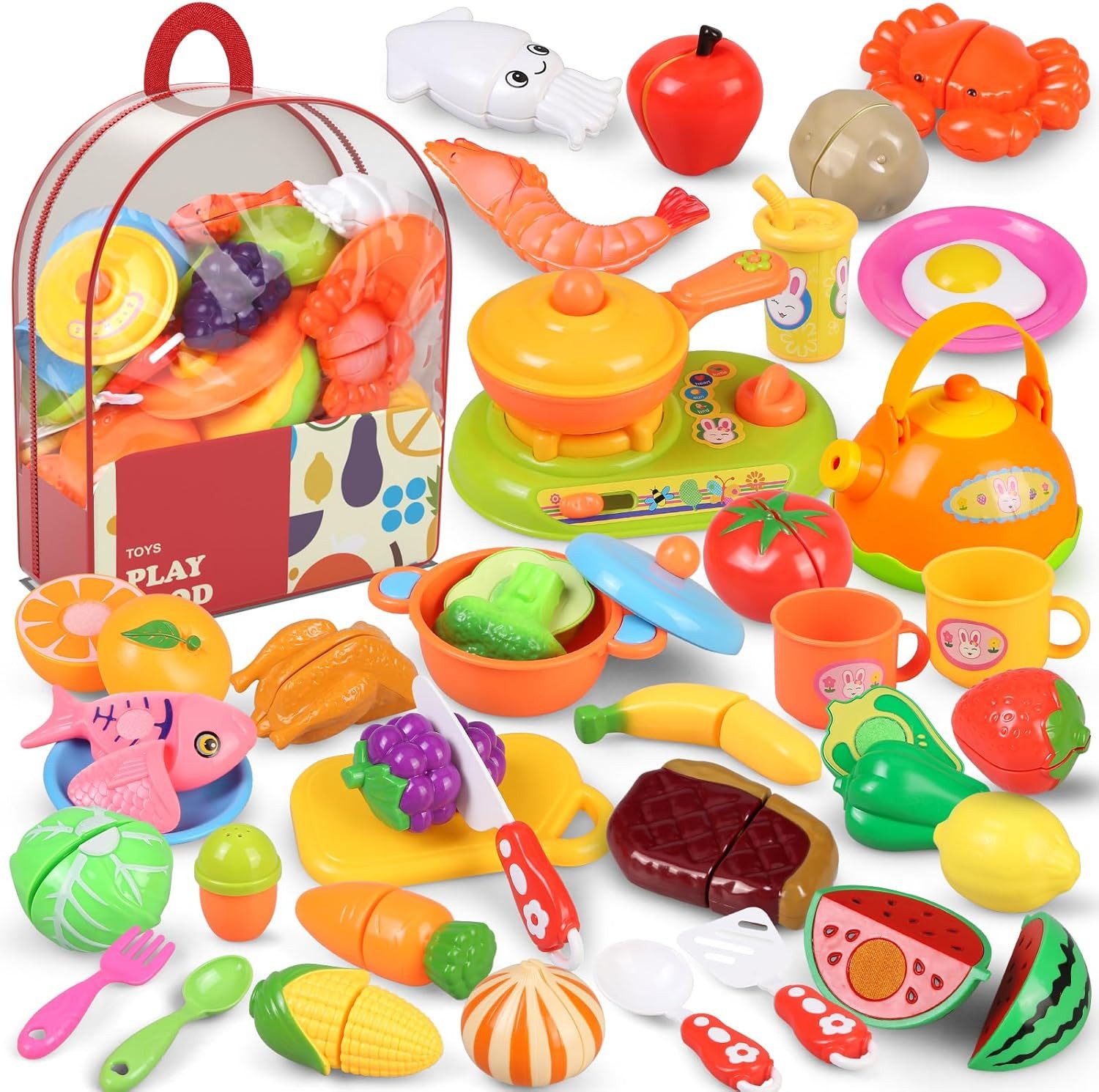 Kramow Spiellebensmittel, (Rollenspiel-Küchenset mit Schneidefunktion für Kinder, 41-tlg., 41-teiliges Spielset mit Rucksack, Obst, Gemüse und Küchenzubehör), Klettverschluss zum realistischen Schneiden, Aufbewahrungsrucksack