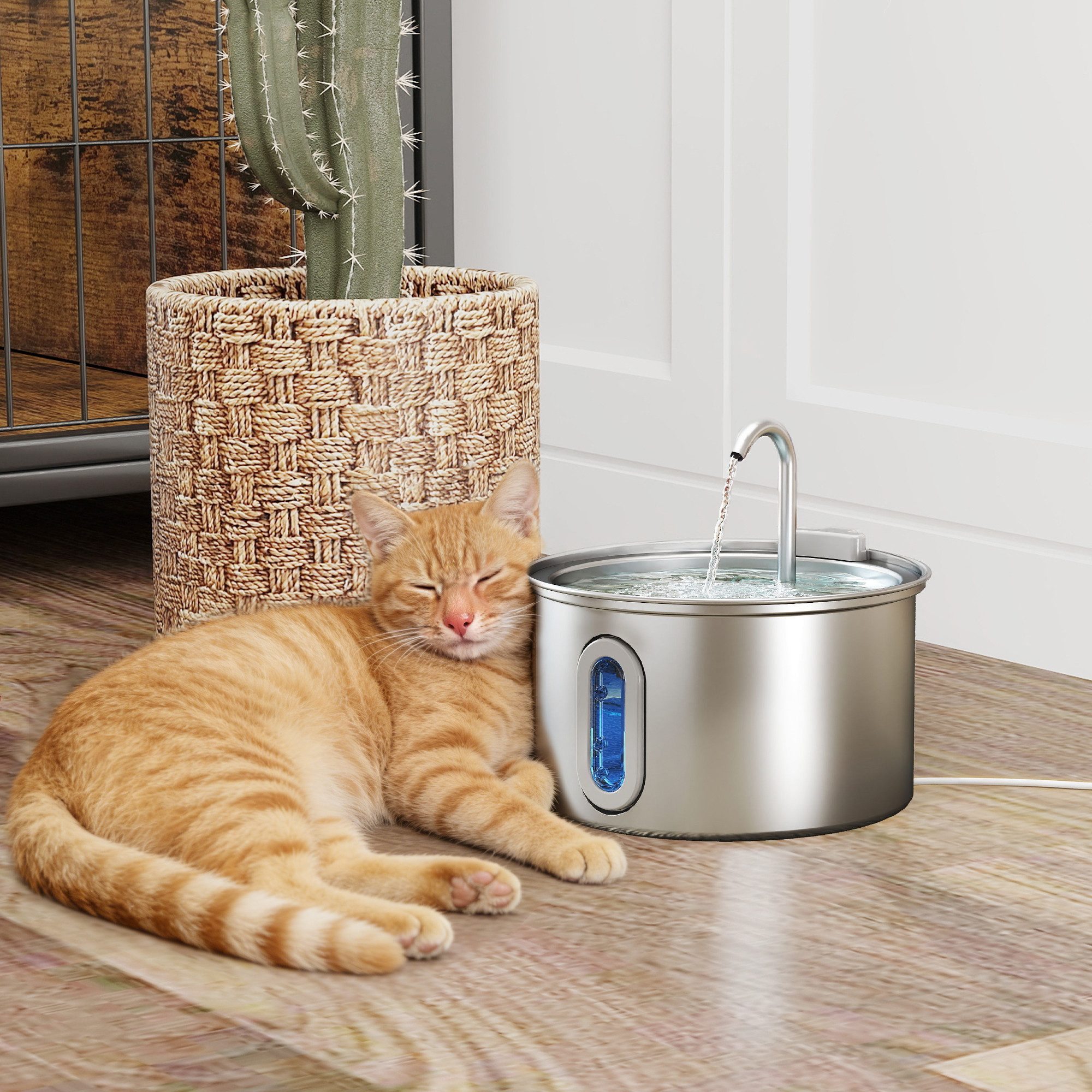 PawHut Trinkbrunnen Katzenbrunnen Edelstahl, Wasserstandsfenster, Katzentrinkbrunnen 2.5 l, Leicht zu Reinigen, für Katzen Hunde