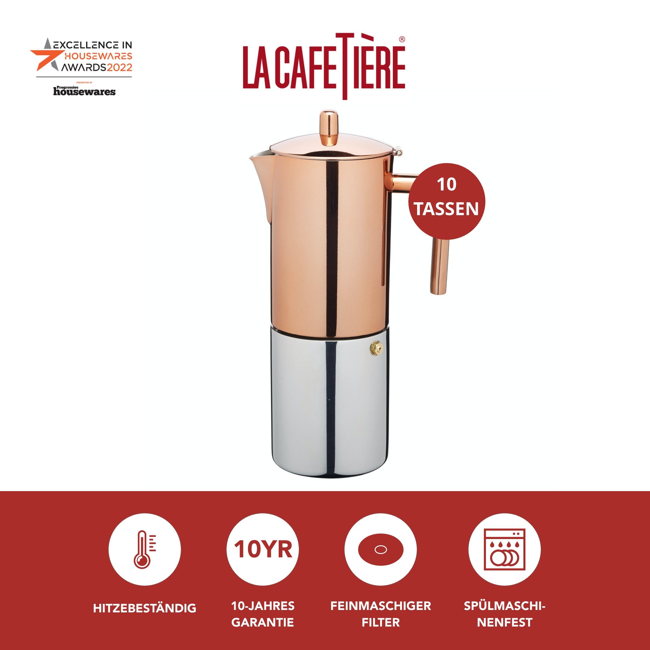 La Cafetière Espressokocher La Cafetière Copper Stovetop Espresso Maker, 0,6l Kaffeekanne, aus hochwertigem, rostfreien Edelstahl mit induktionsgeeignetem Boden