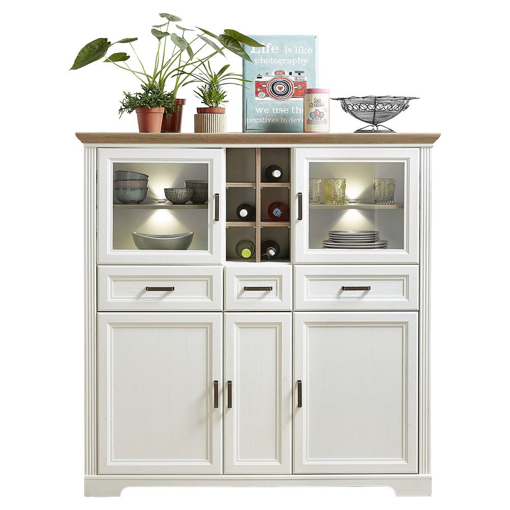 Lomadox Highboard JÜLICH-36, Pinie hell Nb., Deckplatte Artisan Eiche Nb. inkl. LED 143/150/42 cm