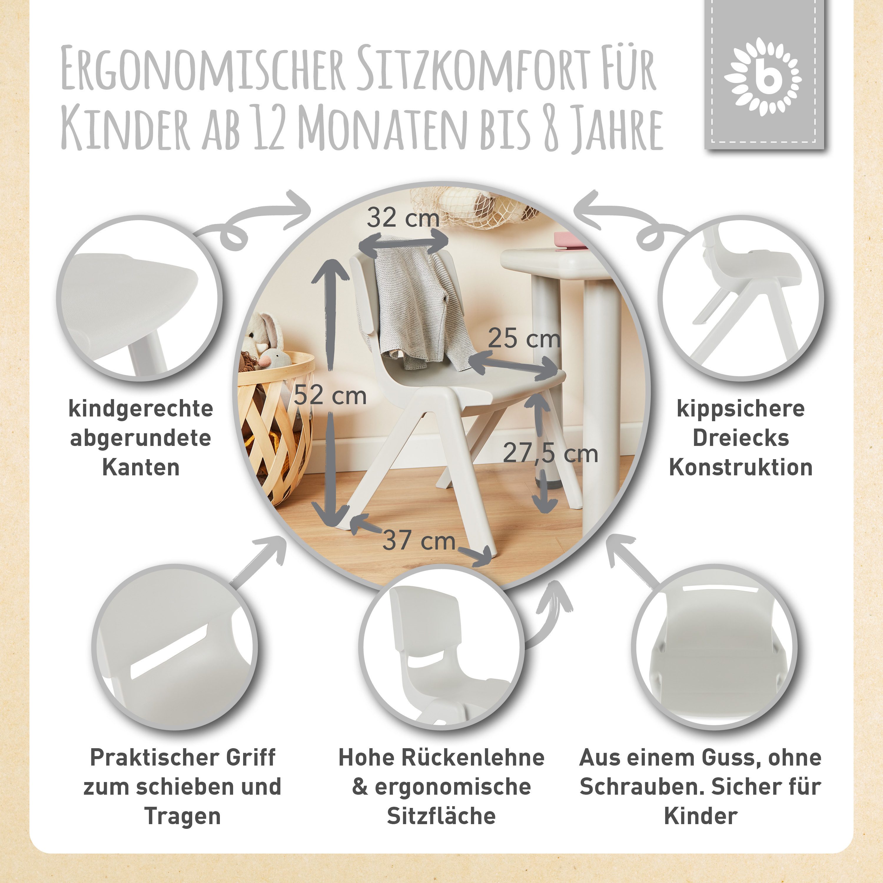 BIECO Stuhl Bieco Kinderstuhl bis 80kg Stapelbar, Kippsicher Kinder Stuhl