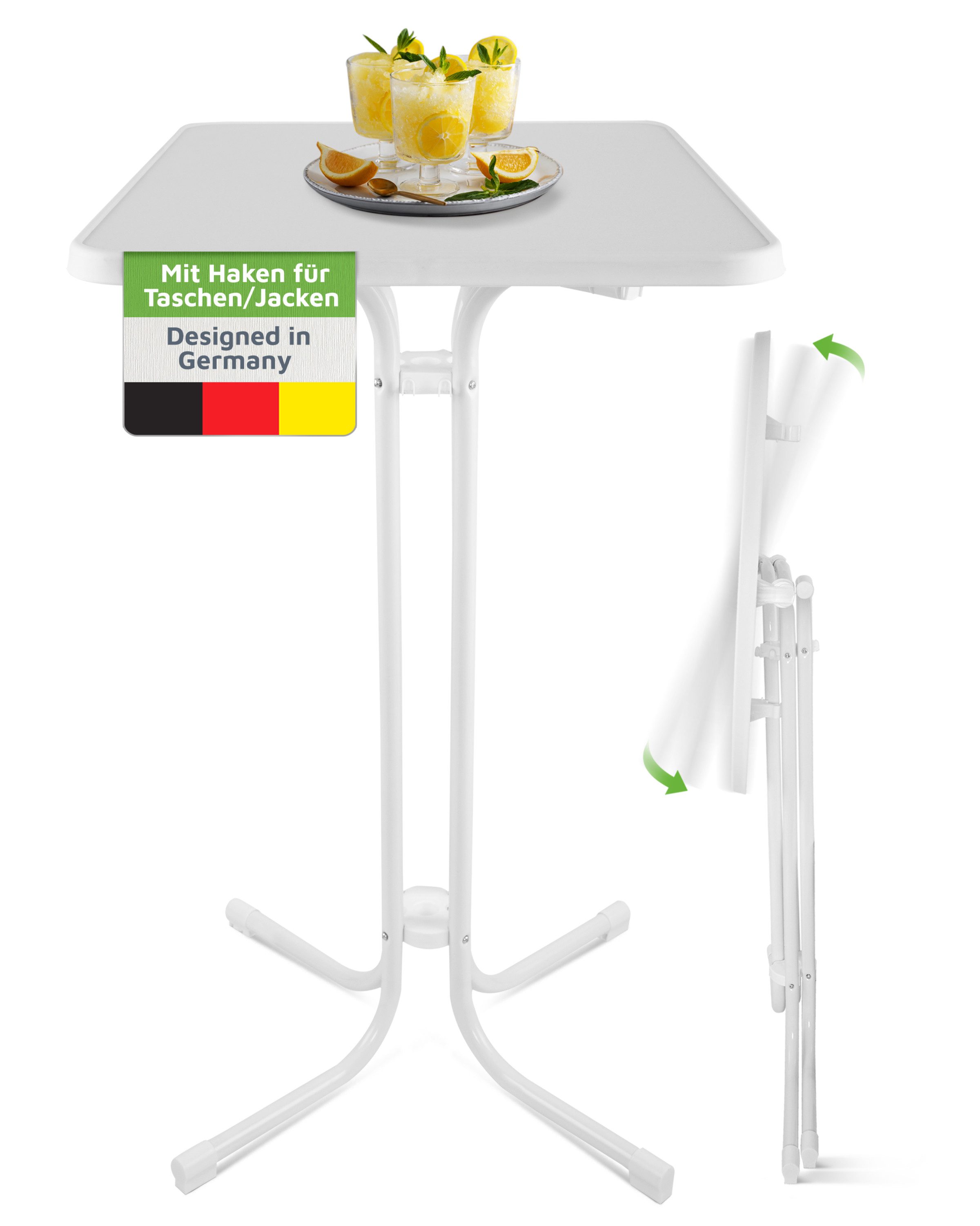 BeFair Stehtisch Ela Stehtisch (Haken für Jacken oder Taschen), Stehtisch Klappbar Weiß Rechteckig 60 x 80 cm Ela Höhe 110 cm