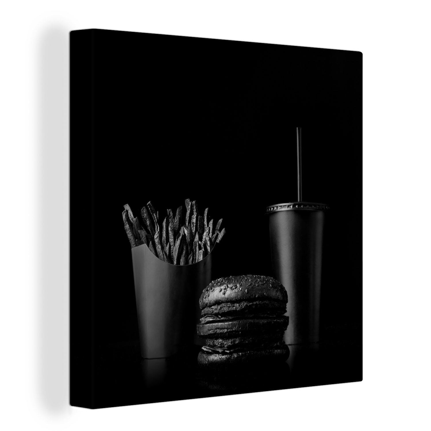 OneMillionCanvasses® Leinwandbild Fastfood-Mahlzeit mit Burger und Pommes frites in Schwarz-Weiß, (1 St), Leinwand Bilder für Wohnzimmer Schlafzimmer
