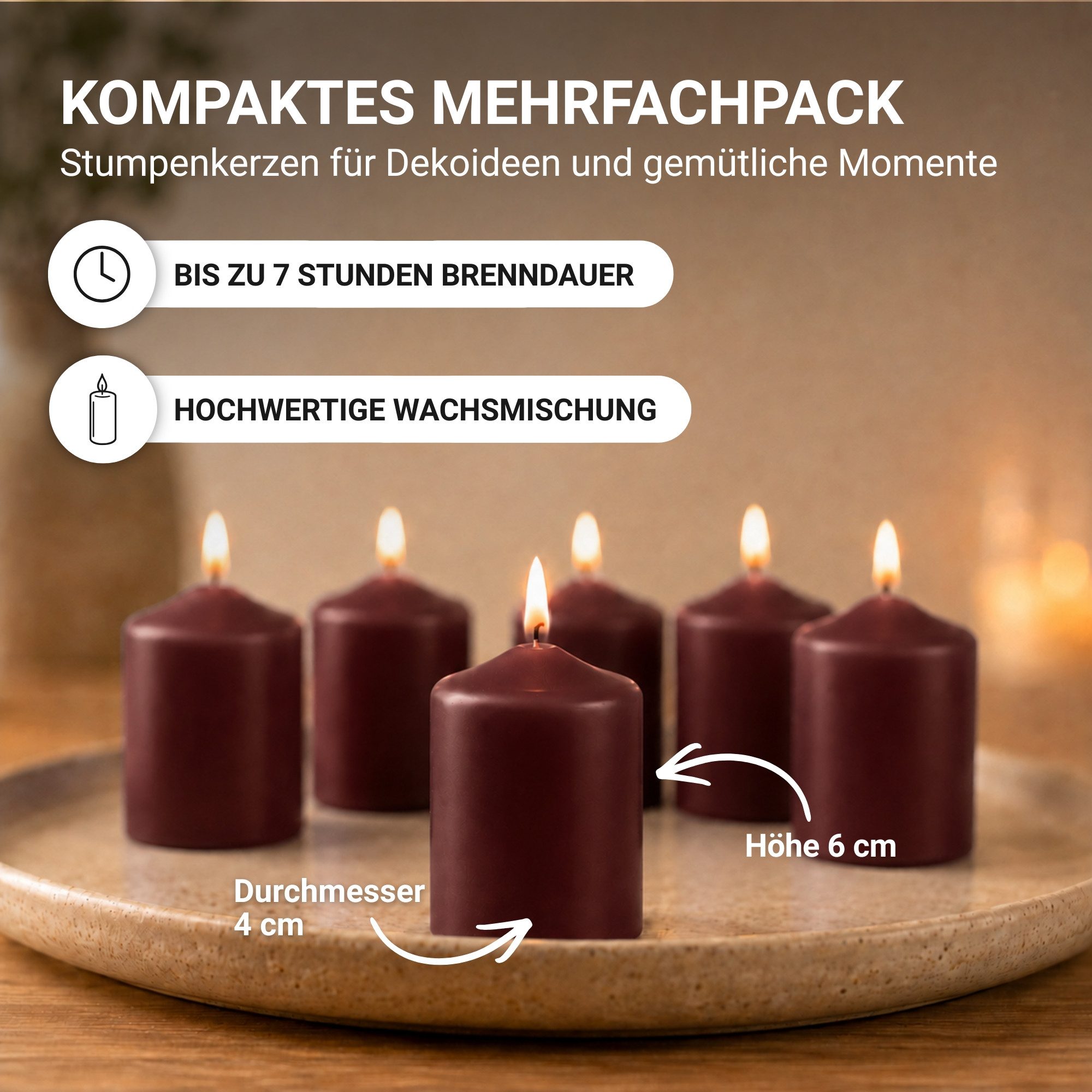 HS Candle Stumpenkerze kompakt und unparfümiert (12-tlg., Dekolicht), Ø4xH6 cm Teelichtgröße, bis zu 7h Brenndauer je Kerze, Wachsmischung