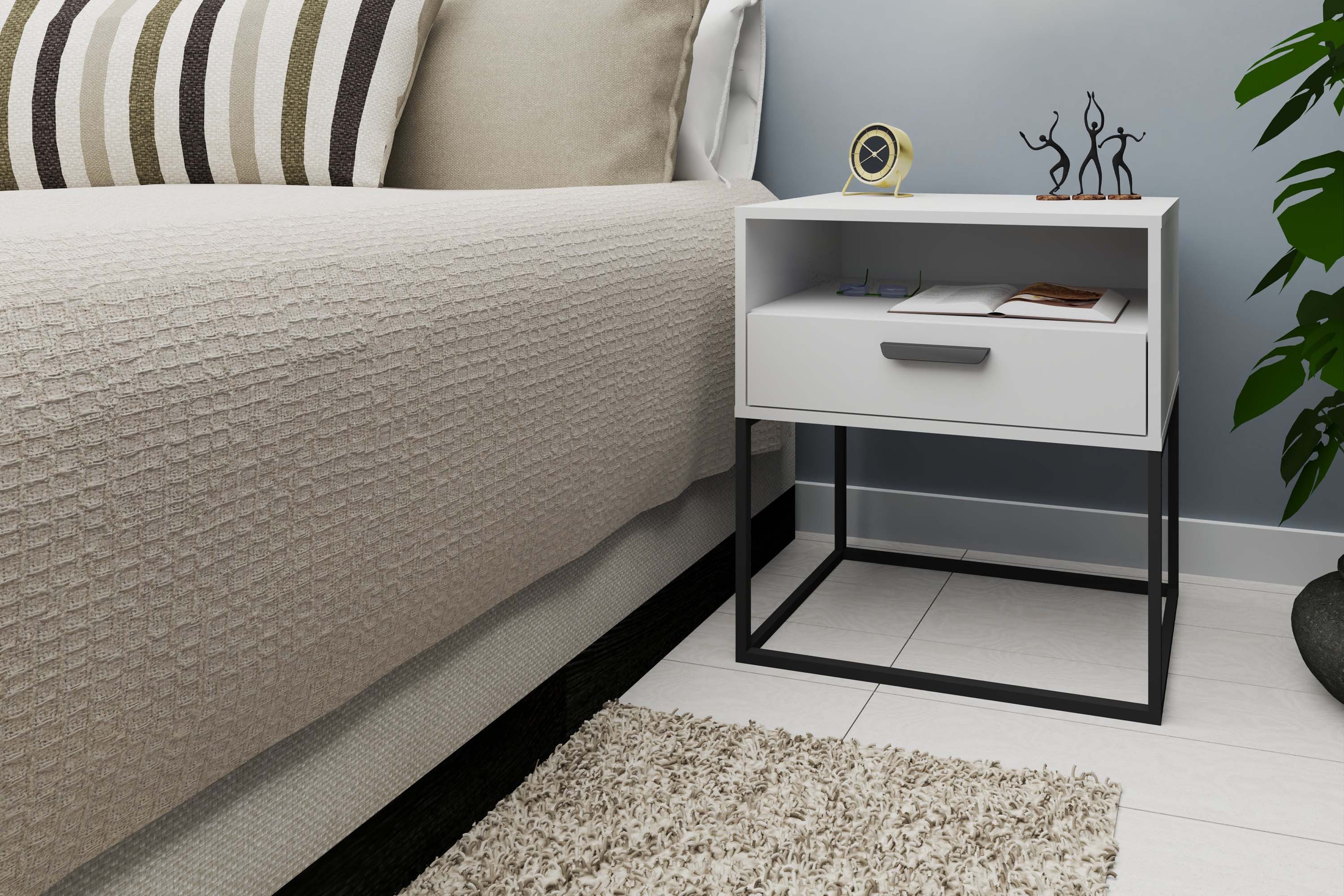 KONSIMO® Nachttisch RECTUS Nachtschrank, Modern, hergestellt in der EU, Beistelltisch (2-St), mit Schublade, Stauraum, schwarzer Metallrahmen, Kunststoffgriff