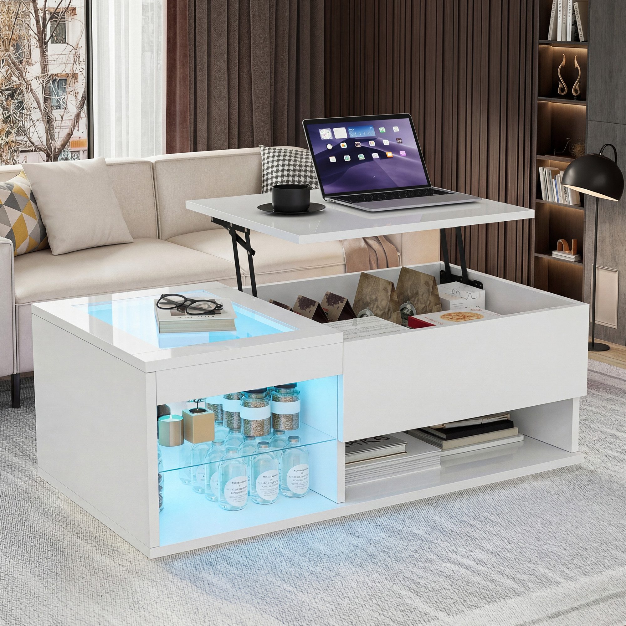 ADWOLT Couchtisch anhebbarer Kaffeetisch Wohnzimmertisch mit LED Beleuchtung, Sofatisch mit verstecktem Stauraum, Hochglanz Beistelltisch,Weiß