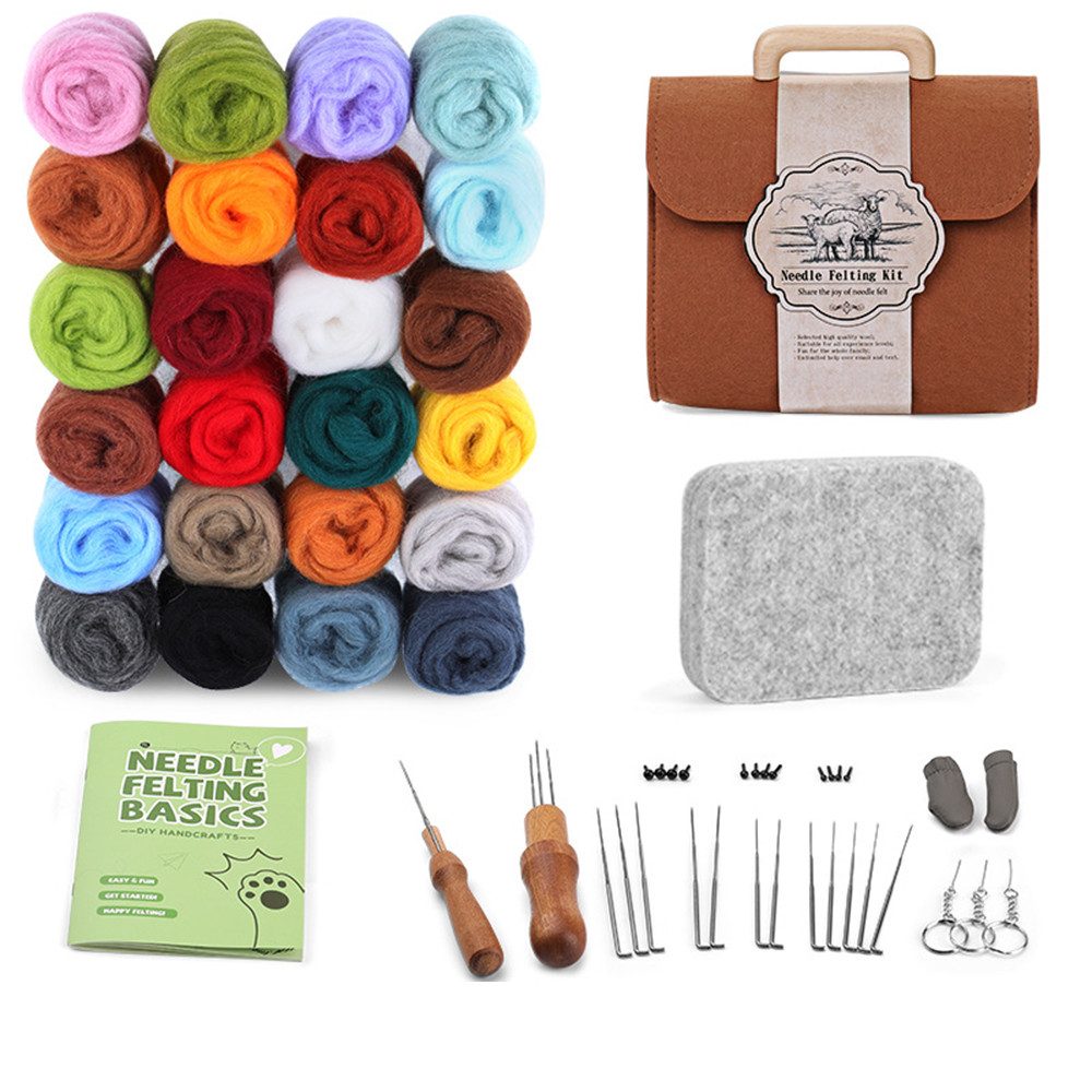 CLTYQ Kreativset Nadelfilzset in 24 Farben, Nadelfilzzubehör Mit Aufbewahrungstasche, Bastelset für Mädchen,Nadelfilzunterlage Für DIY-Basteldekoration