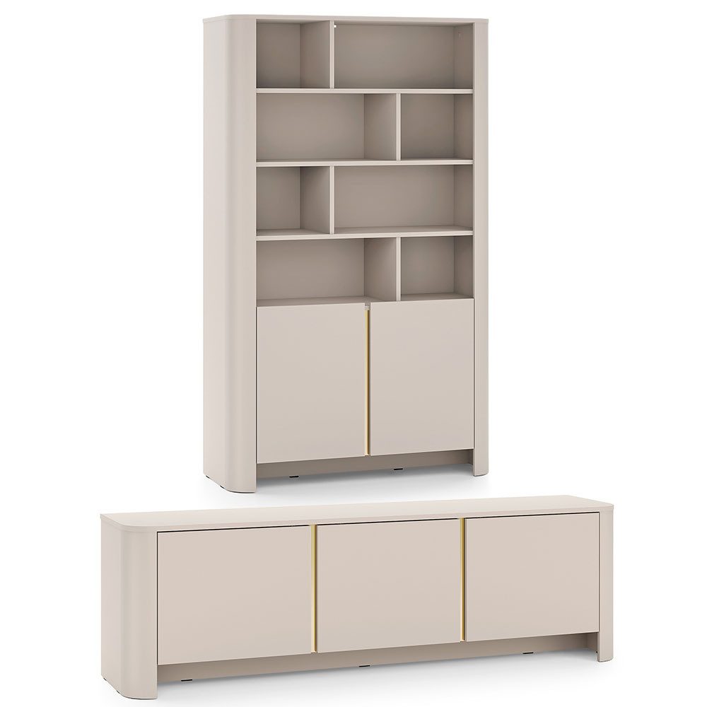 Feldmann-Wohnen Wohnwand Bari, (Drehtüren, mit Einlegeböden, mit offenen und geschlossenen Fächern, 2-St., moderne matte Optik, abgerundeter Korpus, grifflos, Push-to-Open), Wohnzimmer-Set 2er-Set Kaschmir / Gold