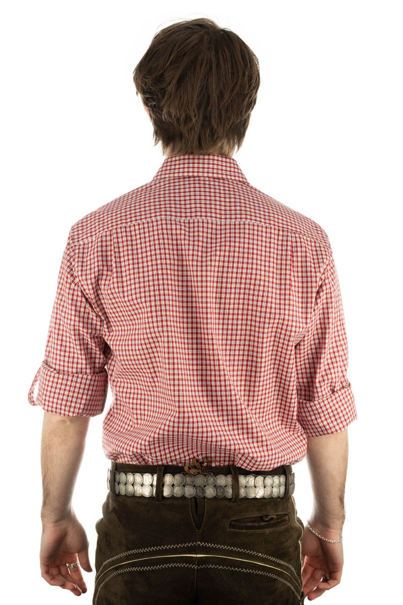 Hirsch-Stickerei OS-Trachten mit Krempelärmeln mittelrot Trachtenhemd und auf Brusttasche Langarmhemd der Vakas