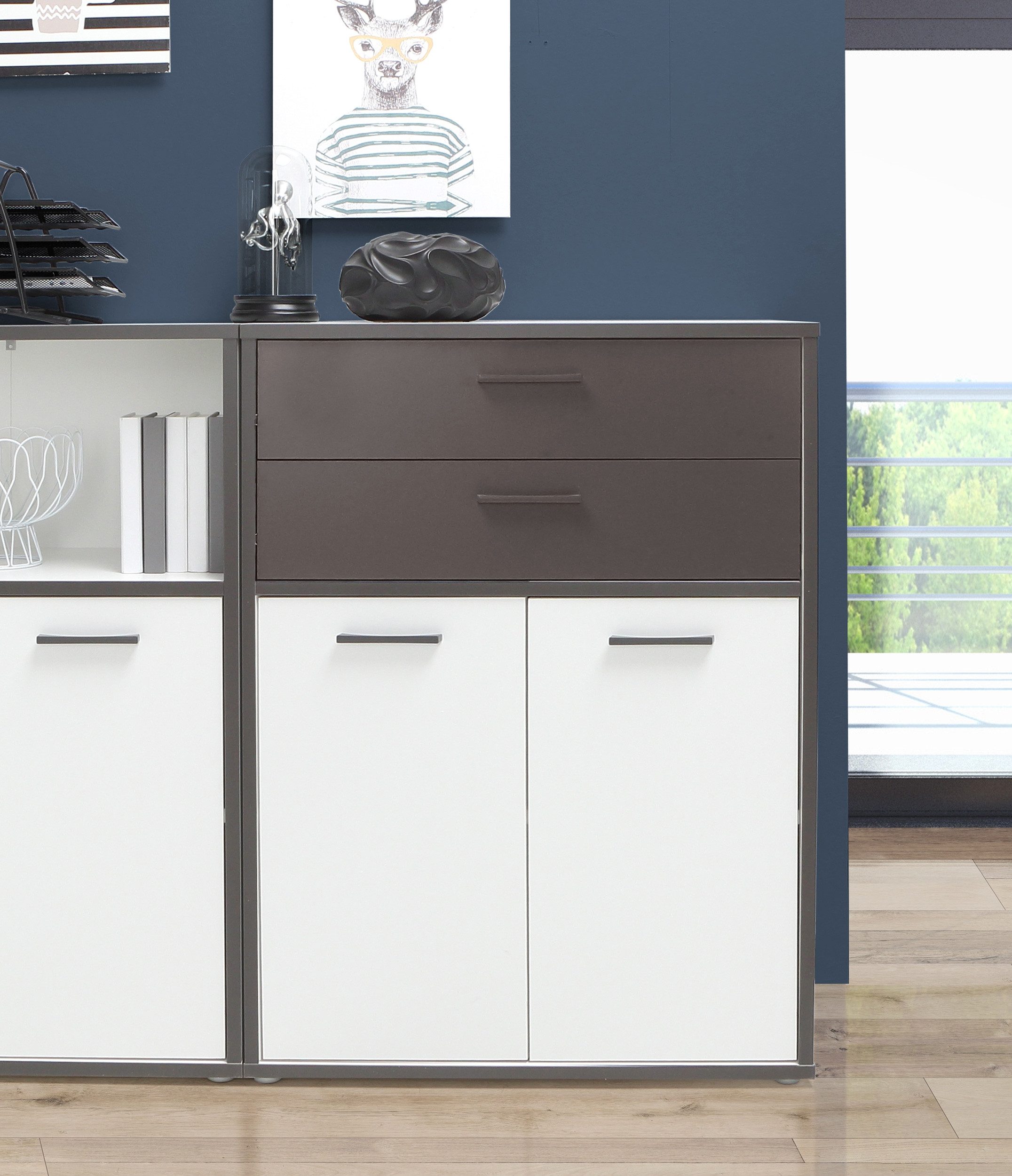 Newroom Midischrank Weiß 115 cm Schrank Weiß Modern Bücherregal Standregal Büro