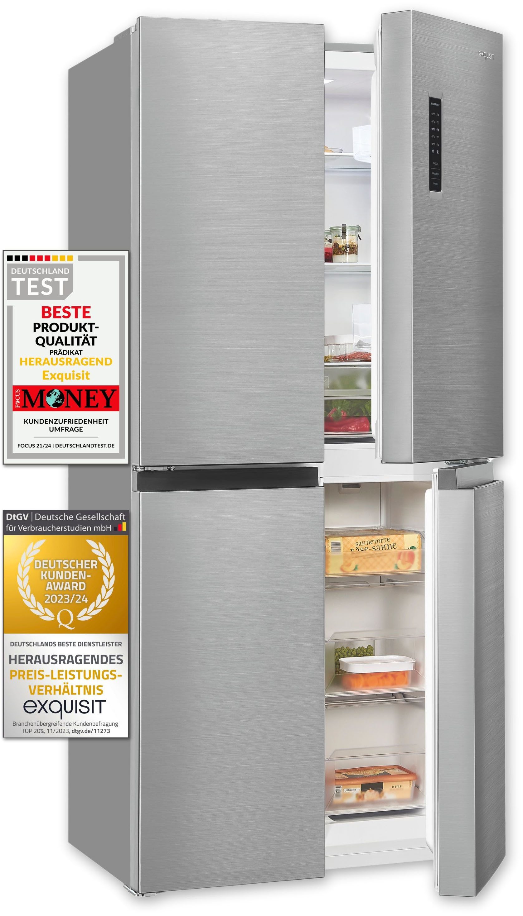exquisit Multi Door MD365-125-040D inoxlook, 180 cm hoch, 79 cm breit, Kein Abtauen nötig: 362 L No-Frost Kühl-Gefrier-Kombi mit LED