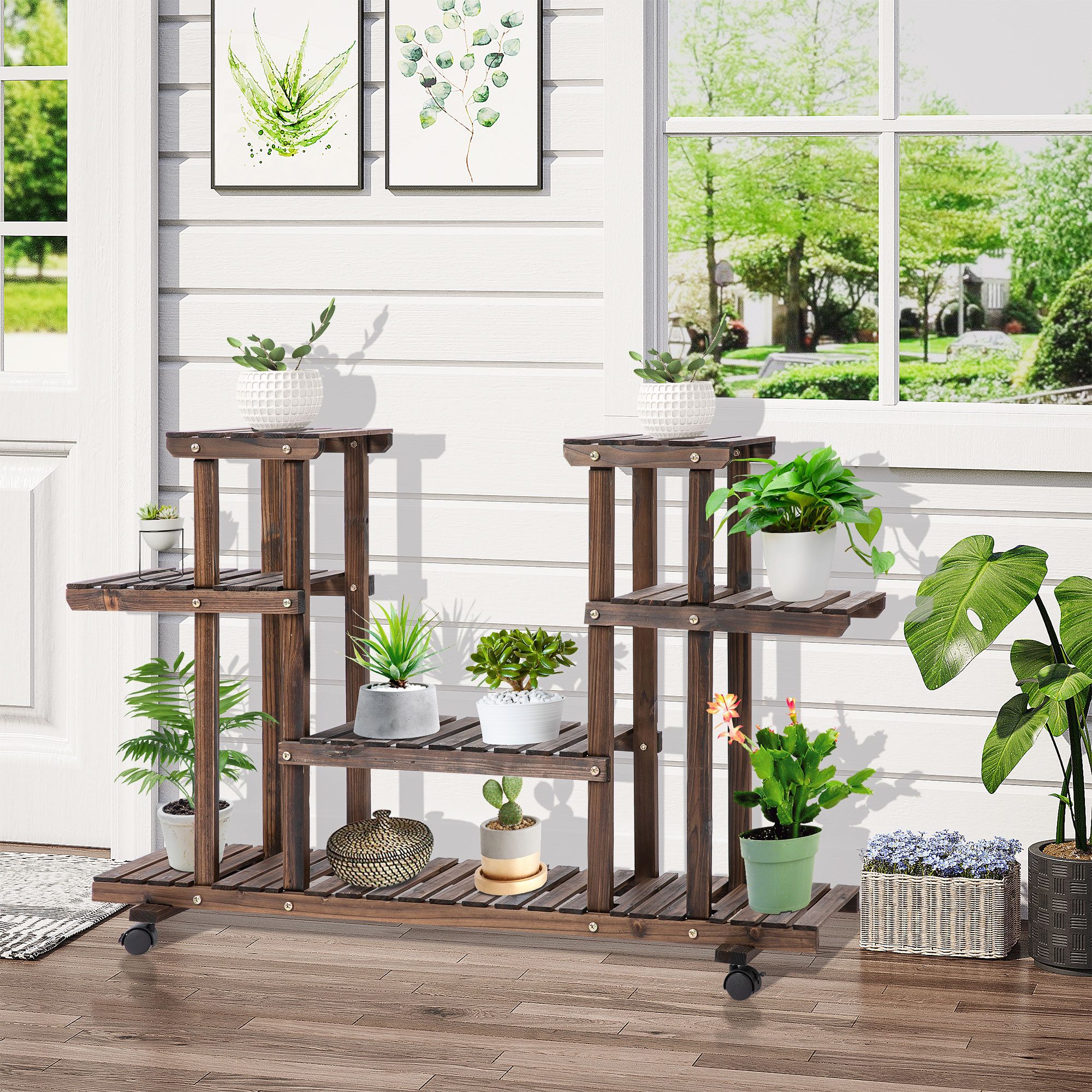 Outsunny Pflanzentreppe Pflanzenständer, 4-Etagen, 80cm hoch für Innen Außen, Blumenregal (Blumenständer, 1 St., Pflanzenregal), für Garten, Balkon, Verkohlt