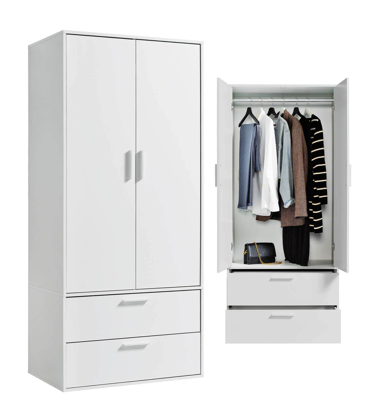 mokebo Kleiderschrank Der Kleiderheld (80x180x51 cm, 2-türig & 2 Schubladen) Garderobenschrank, Schlafzimmerschrank oder Schrank in Weiß