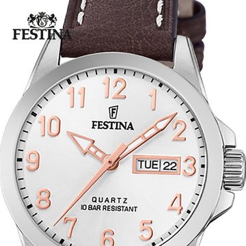 Festina Quarzuhr Festina Analog Damen Uhr F20456/1 Leder, Damen Armbanduhr rund, Lederarmband braun