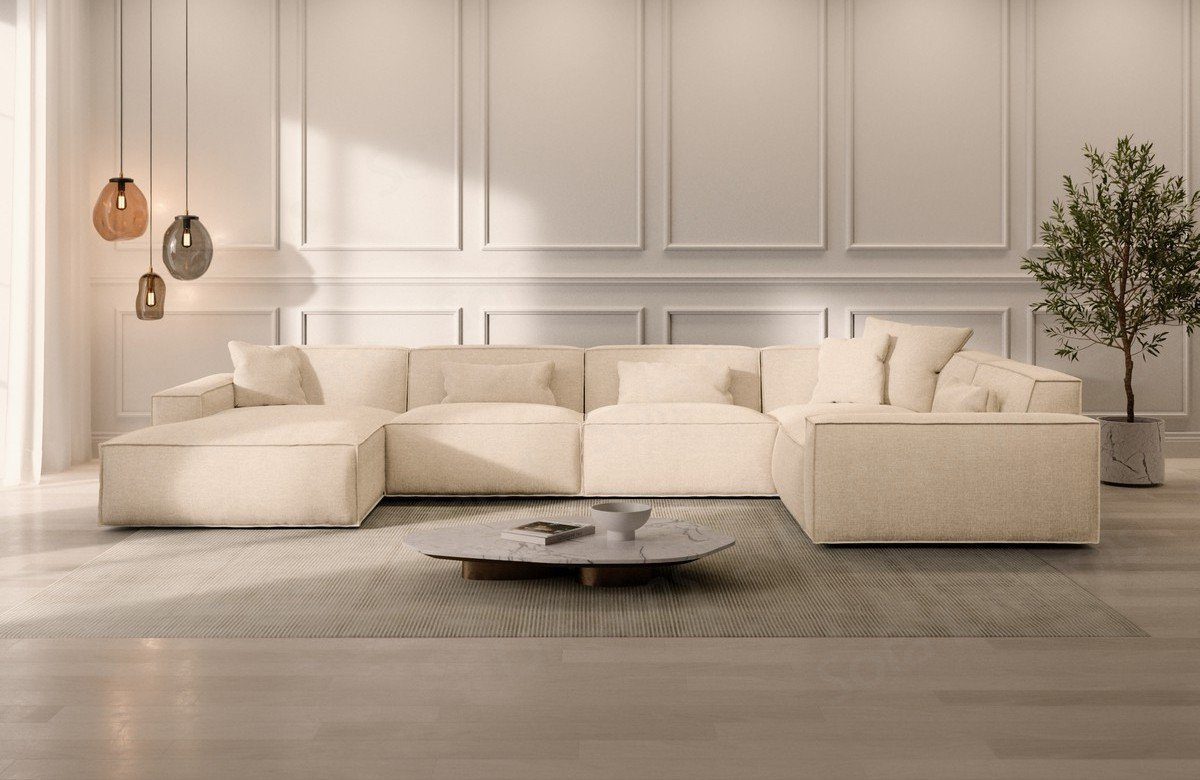 Sofa Dreams Wohnlandschaft Sofa Strukturstoff Polstersofa Formenta U Form Stoffsofa Luxus, Designer Polstercouch mit Ottomane, Loungesofa