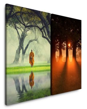 Sinus Art Leinwandbild 2 Bilder je 60x90cm Mönch Asien Buddhismus Bäume warmes Licht Meditation positive Energie