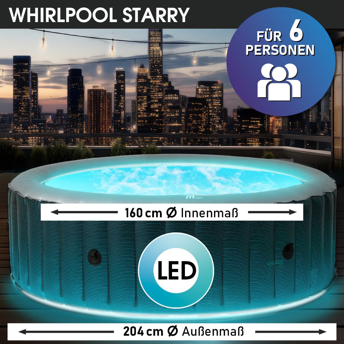 BRAST Whirlpool aufblasbar MSpa Starry COMFORT C-ST062 für 6 Personen Ø204x70cm, aufblasbares Aufstellbecken, (mit LED-Beleuchtung, In- Outdoor Pool 138 Massagedüsen Energiespar-Timer Heizung), Aufblasfunktion per Knopfdruck Bubble Wellness Massage